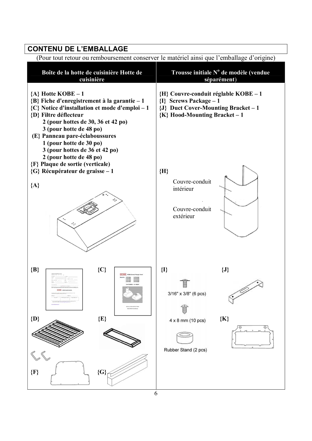 Kobe Range Hoods CH7742SQB, CH7748SQB manual Contenu DE L’EMBALLAGE, Boîte de la hotte de cuisinière Hotte de Cuisinière 