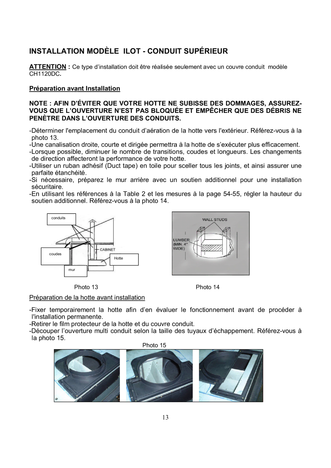 Kobe Range Hoods CH7736SQB, CH7742SQB, CH7748SQB Installation Modèle Ilot Conduit Supérieur, Préparation avant Installation 