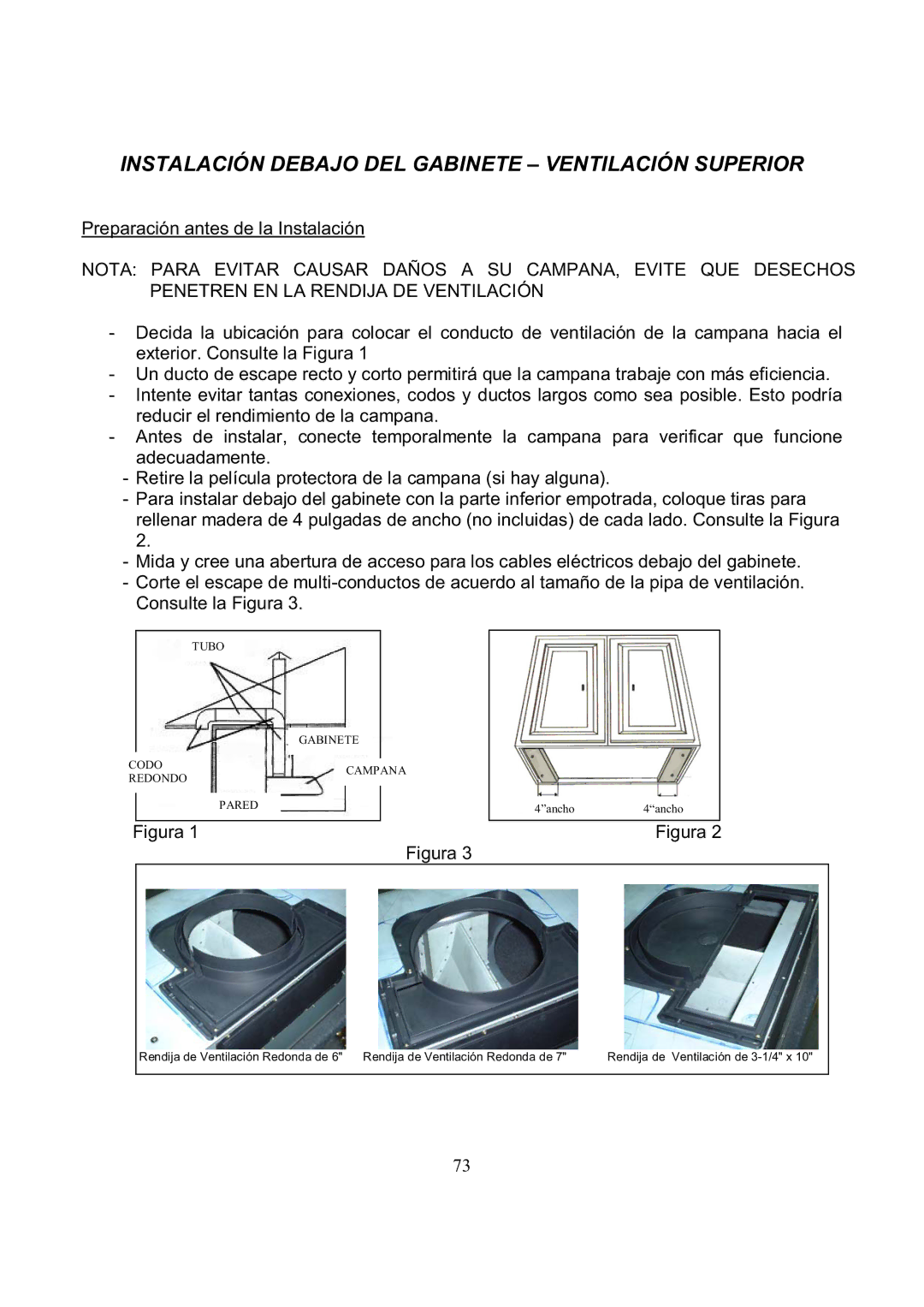 Kobe Range Hoods CH7742SQB, CH7748SQB, CH7730SQB, CH7736SQB manual Instalación Debajo DEL Gabinete Ventilación Superior 