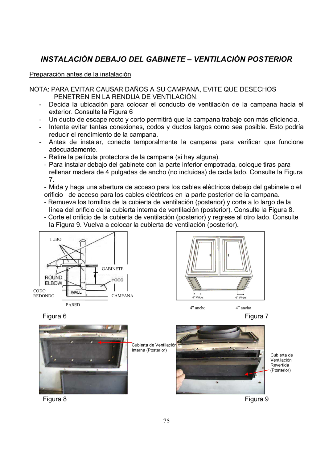 Kobe Range Hoods CH7730SQB, CH7742SQB, CH7748SQB, CH7736SQB manual Instalación Debajo DEL Gabinete Ventilación Posterior 