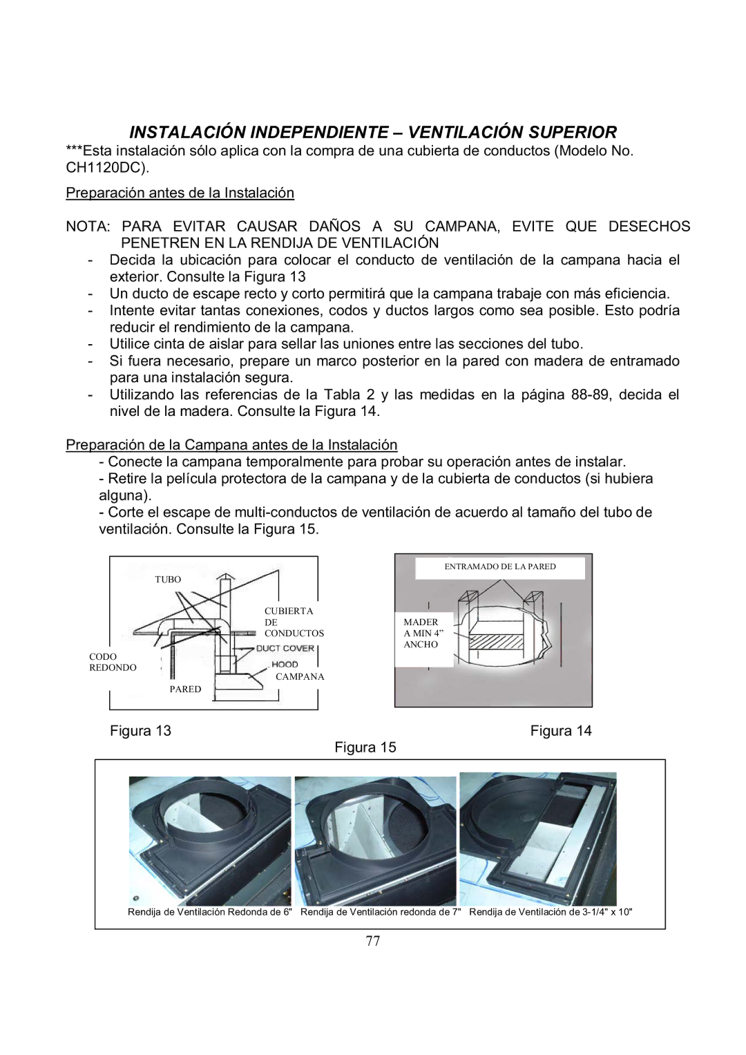 Kobe Range Hoods CH7742SQB, CH7748SQB, CH7730SQB, CH7736SQB manual Instalación Independiente Ventilación Superior 