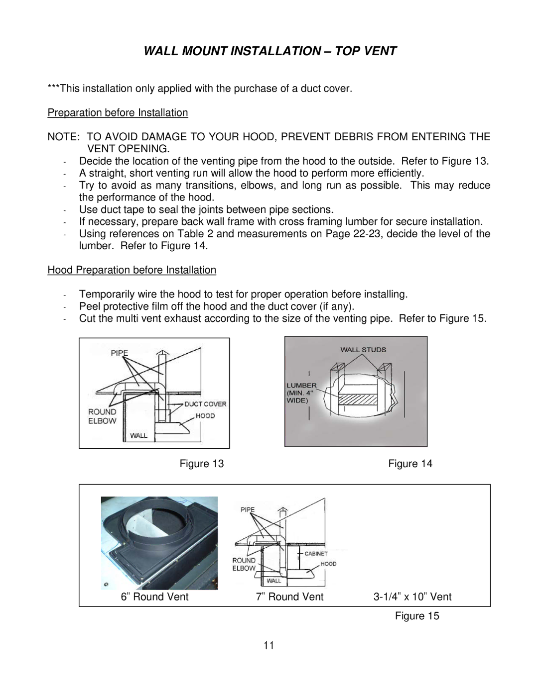 Kobe Range Hoods CH7942SQB, CH7936SQB, CH7948SQB, CH7930SQB installation instructions Wall Mount Installation TOP Vent 