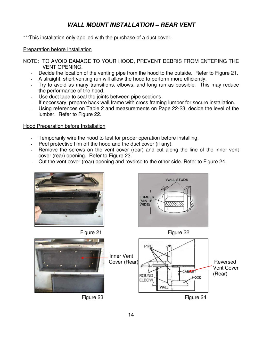 Kobe Range Hoods CH7936SQB, CH7942SQB, CH7948SQB, CH7930SQB installation instructions Wall Mount Installation Rear Vent 