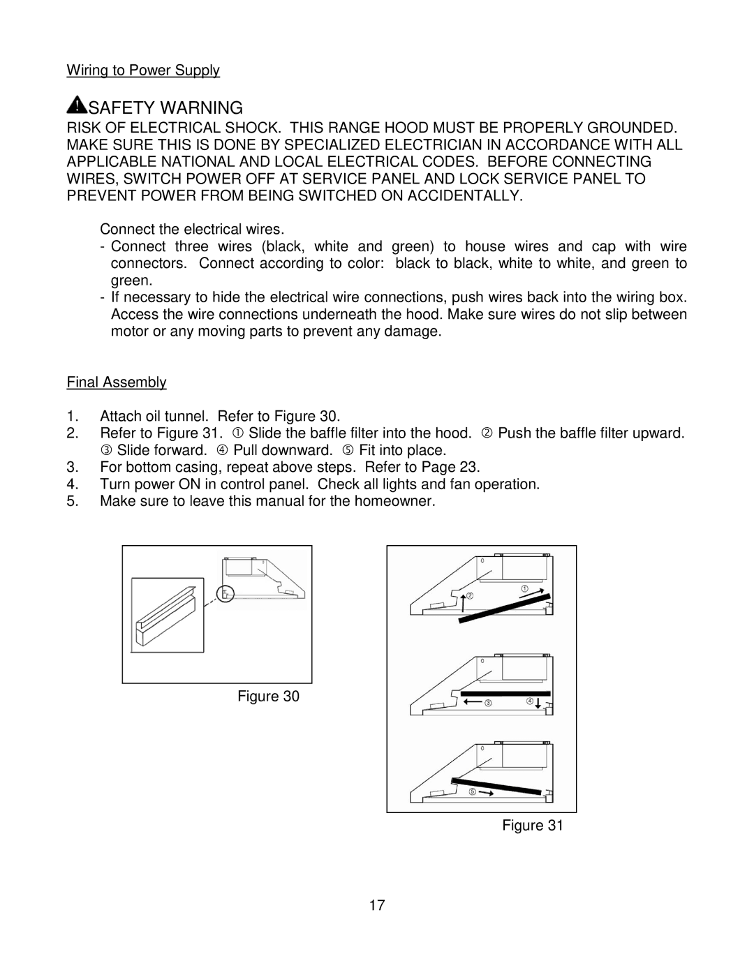 Kobe Range Hoods CH7930SQB, CH7936SQB, CH7942SQB, CH7948SQB installation instructions Wiring to Power Supply 