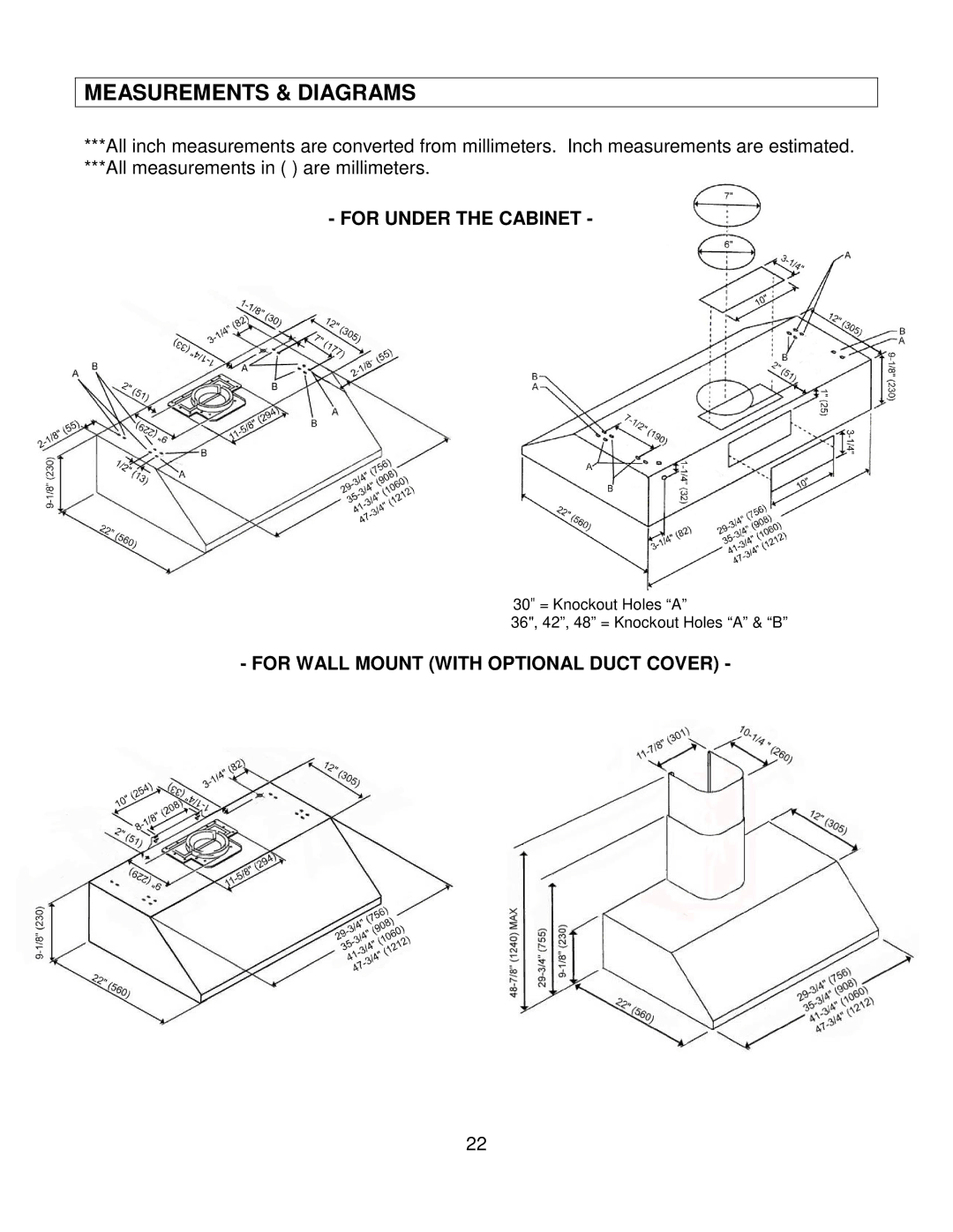 Kobe Range Hoods CH7936SQB, CH7942SQB, CH7948SQB, CH7930SQB installation instructions Measurements & Diagrams 