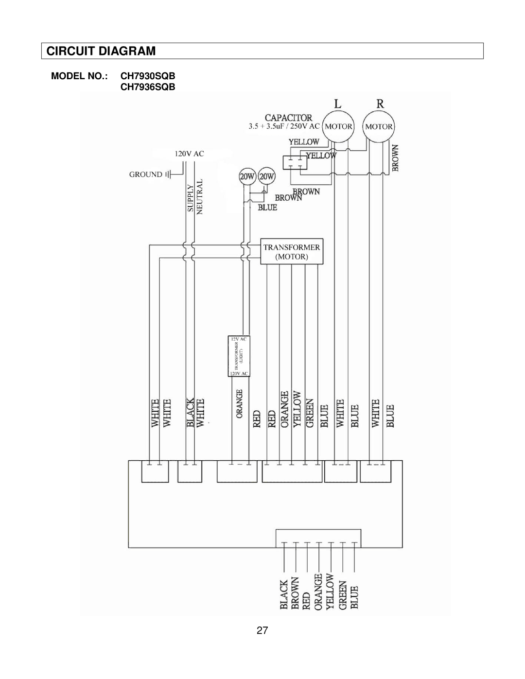 Kobe Range Hoods CH7942SQB, CH7936SQB, CH7948SQB, CH7930SQB installation instructions Circuit Diagram 