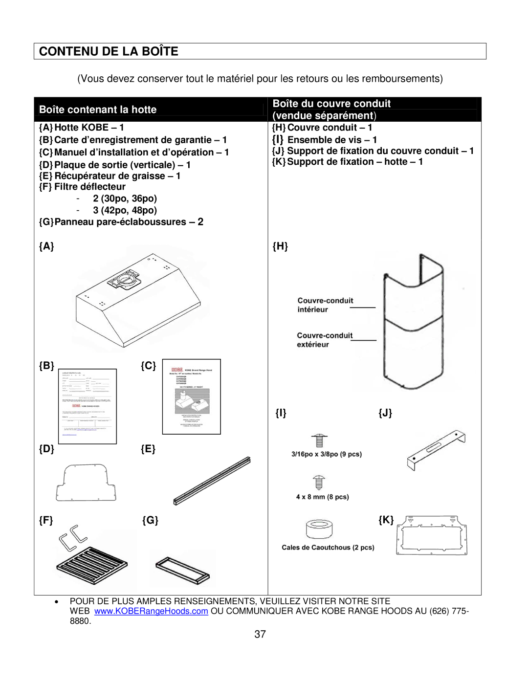 Kobe Range Hoods CH7930SQB, CH7936SQB, CH7942SQB, CH7948SQB installation instructions Contenu DE LA Boîte 