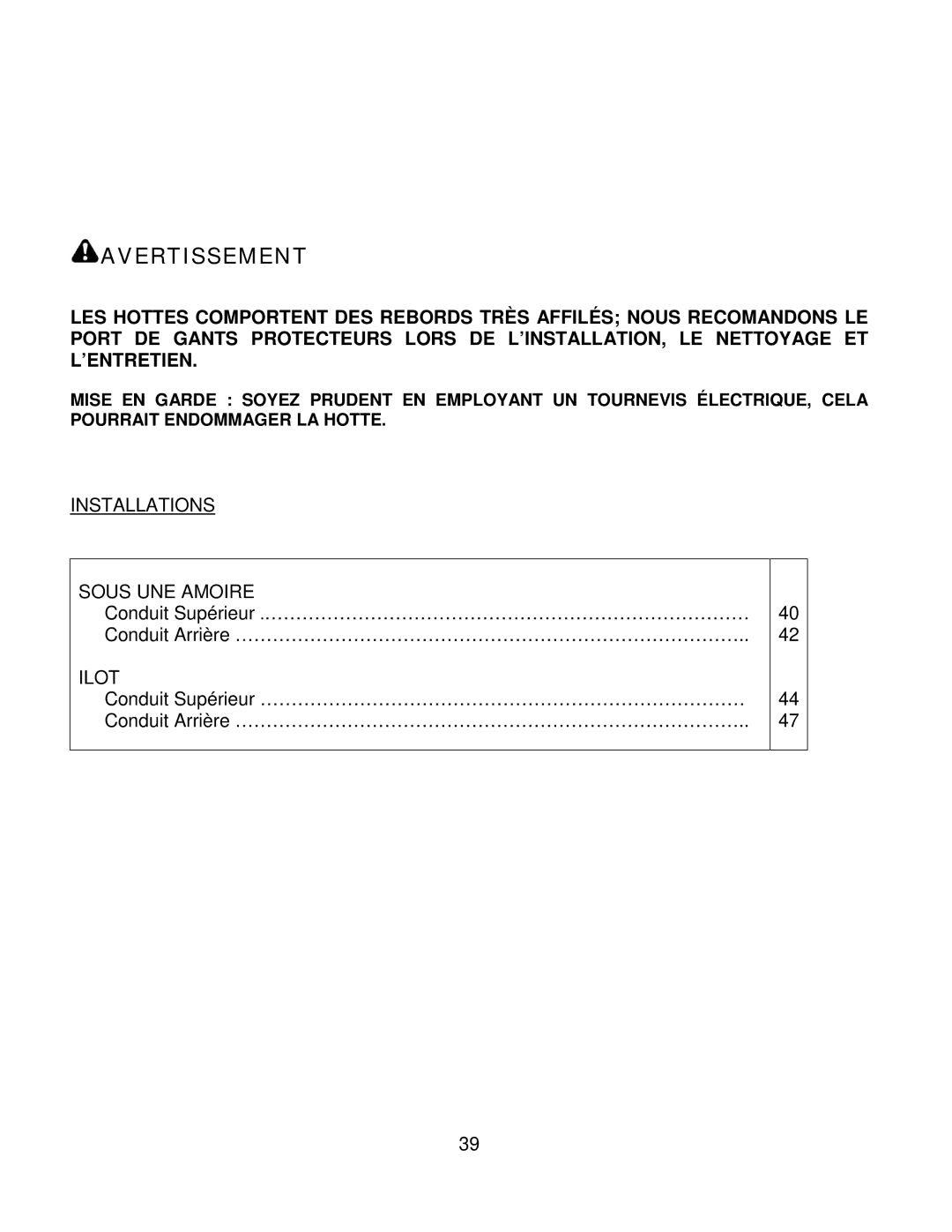 Kobe Range Hoods CH7942SQB, CH7936SQB, CH7948SQB, CH7930SQB installation instructions Avertissement 