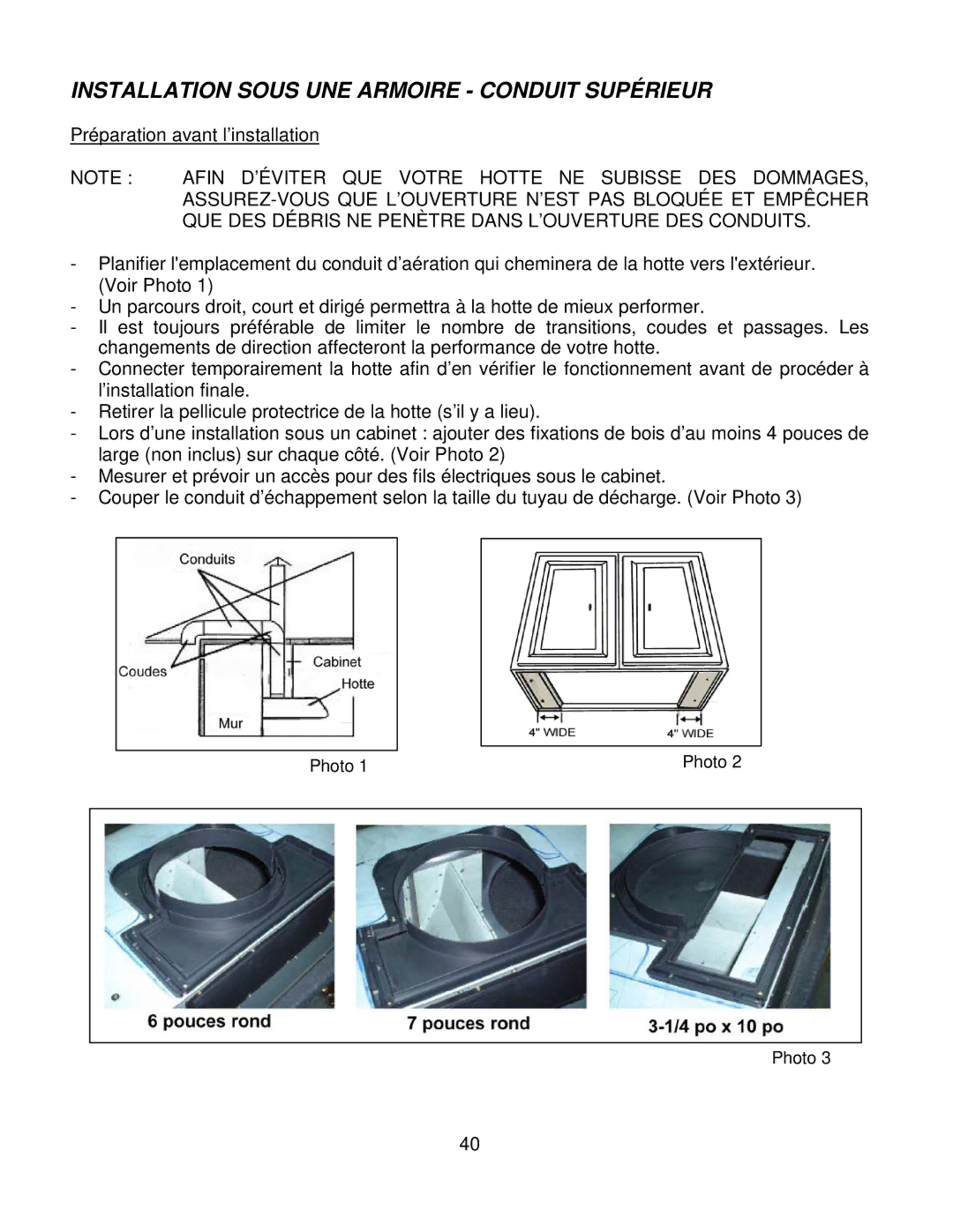 Kobe Range Hoods CH7948SQB, CH7936SQB, CH7942SQB, CH7930SQB Installation Sous UNE Armoire Conduit Supérieur 