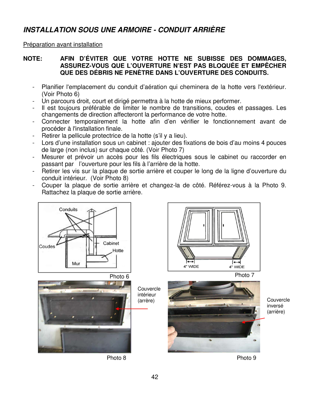 Kobe Range Hoods CH7936SQB, CH7942SQB, CH7948SQB, CH7930SQB Installation Sous UNE Armoire Conduit Arrière 