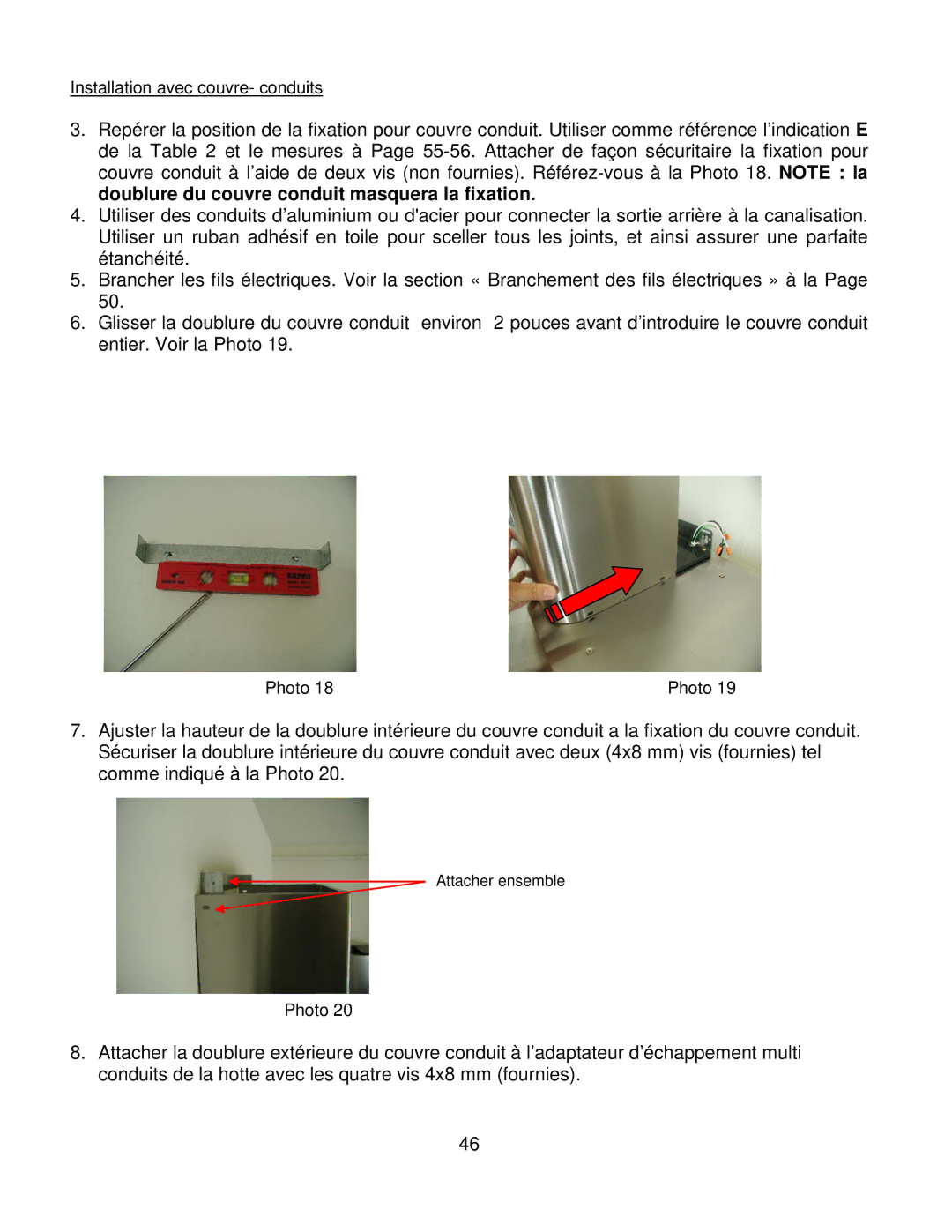 Kobe Range Hoods CH7936SQB, CH7942SQB, CH7948SQB, CH7930SQB installation instructions Installation avec couvre- conduits 