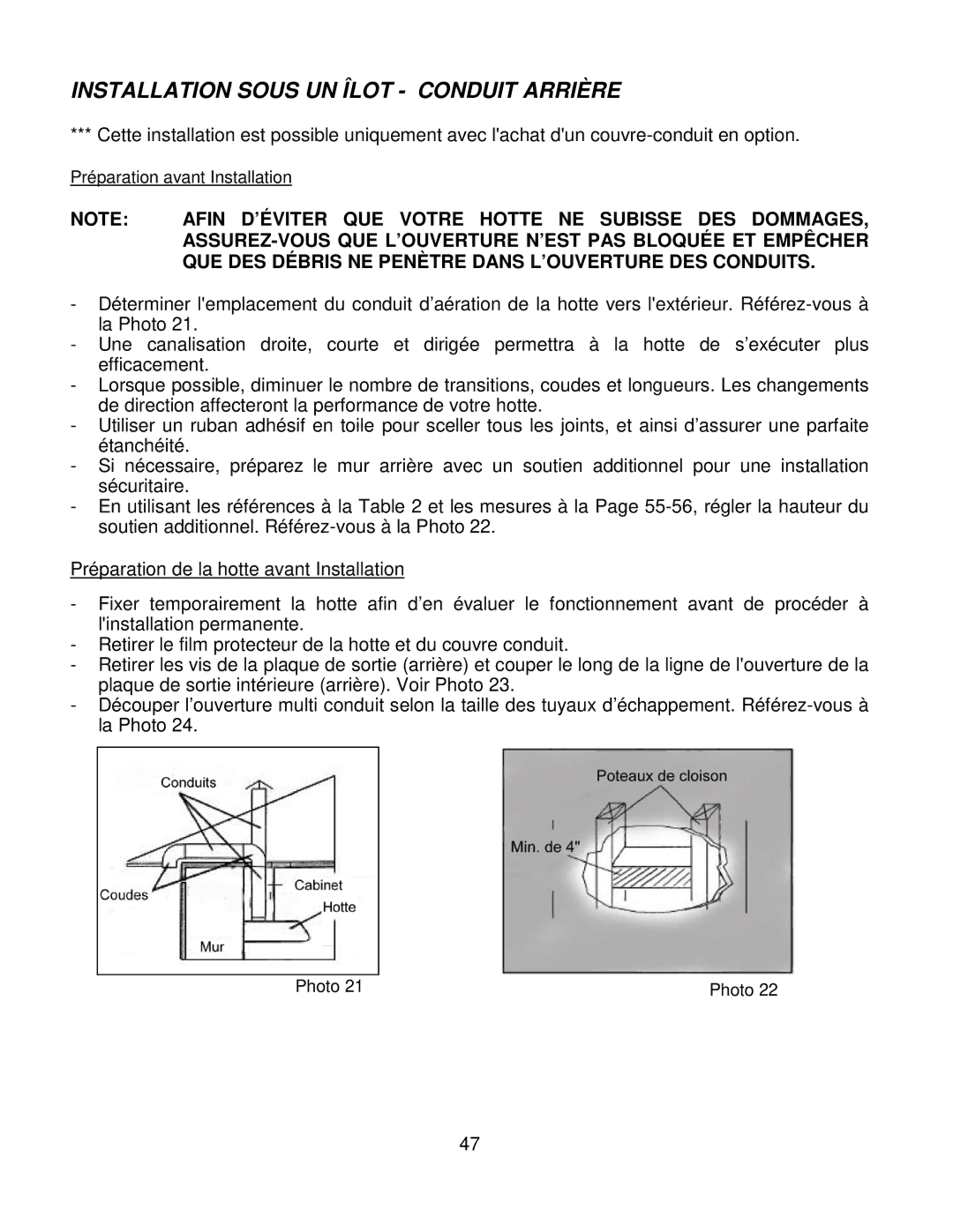 Kobe Range Hoods CH7942SQB, CH7936SQB, CH7948SQB, CH7930SQB Installation Sous UN Îlot Conduit Arrière 