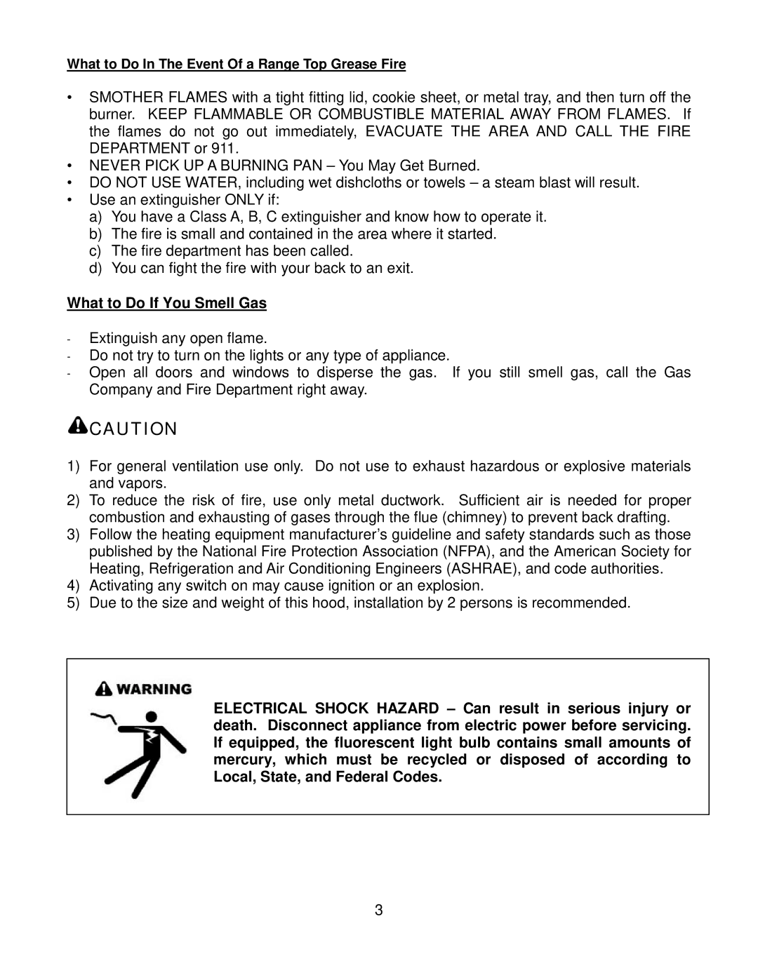 Kobe Range Hoods CH7942SQB, CH7936SQB, CH7948SQB, CH7930SQB installation instructions What to Do If You Smell Gas 