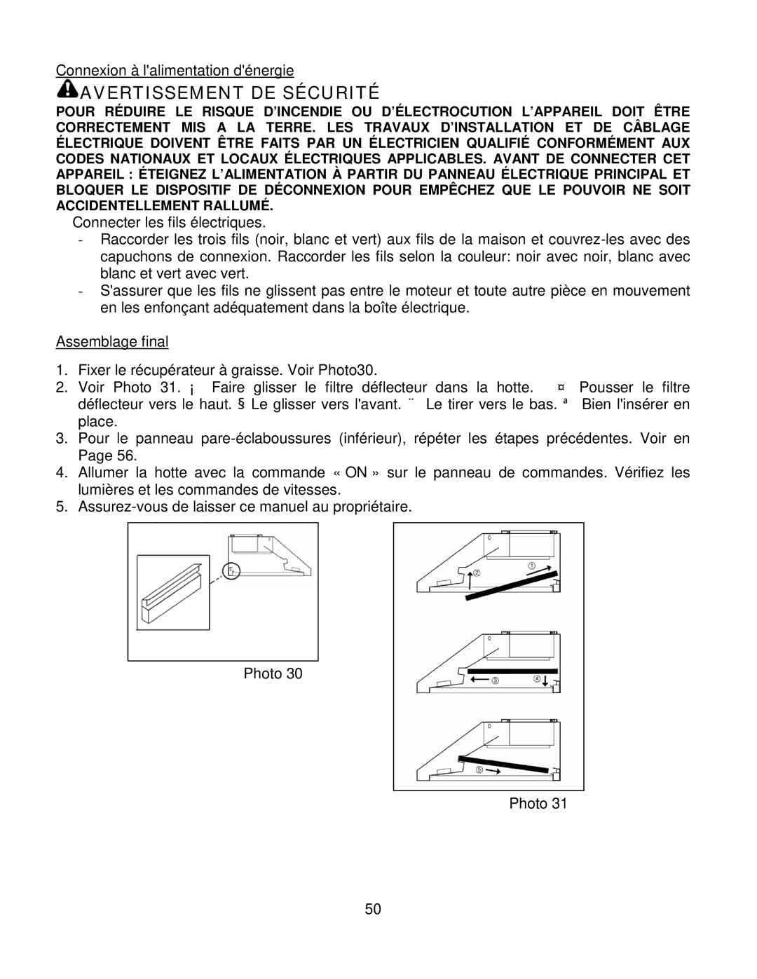 Kobe Range Hoods CH7936SQB, CH7942SQB, CH7948SQB, CH7930SQB installation instructions Avertissement DE Sécurité 