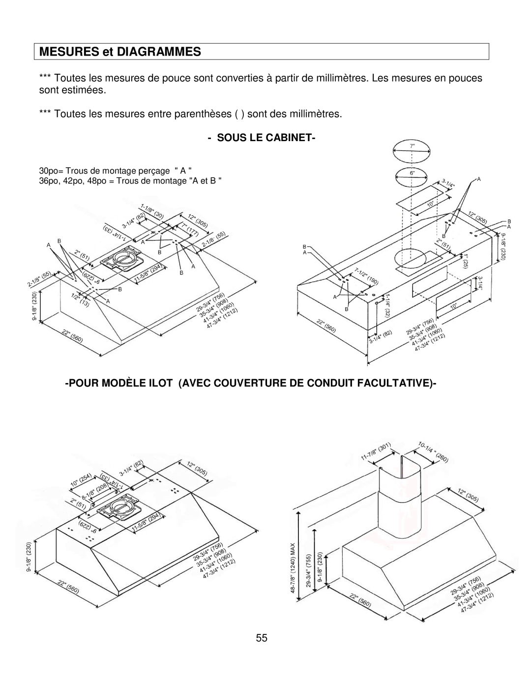 Kobe Range Hoods CH7942SQB, CH7936SQB, CH7948SQB, CH7930SQB installation instructions Mesures et Diagrammes 