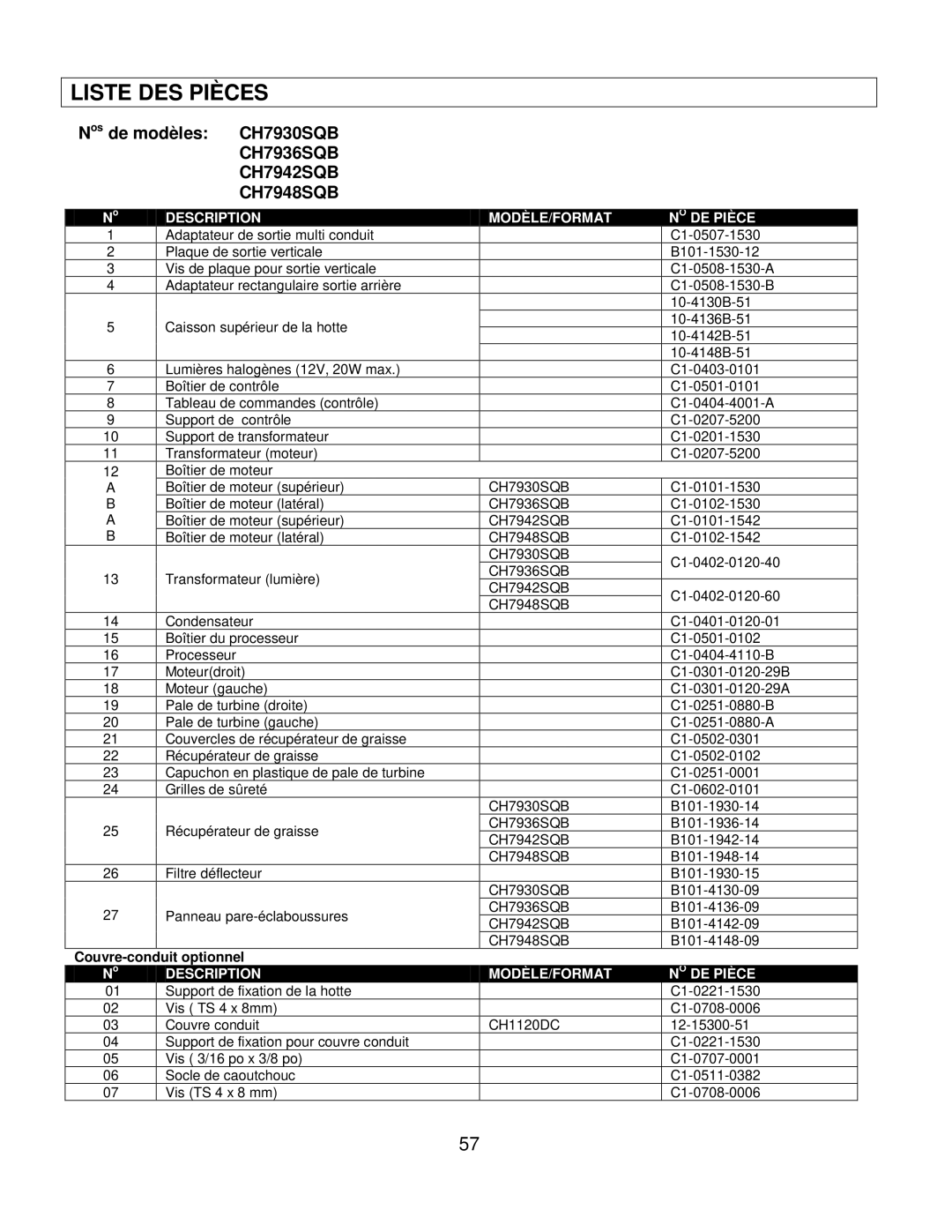 Kobe Range Hoods installation instructions Liste DES Pièces, CH7930SQB CH7936SQB CH7942SQB CH7948SQB 