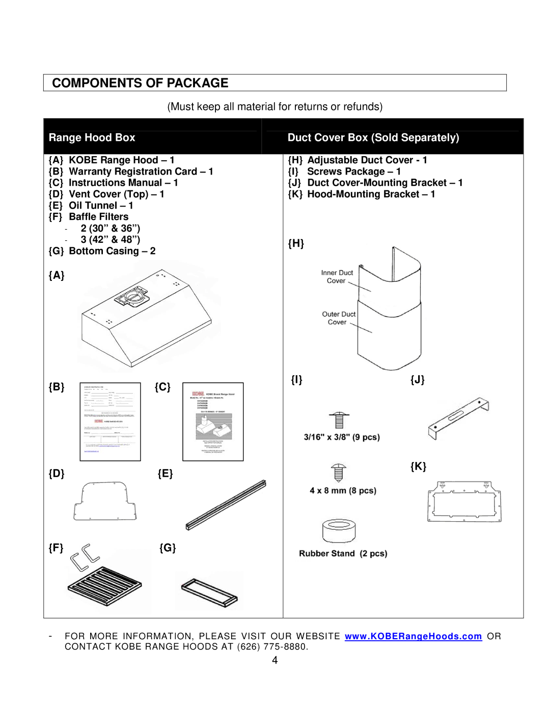 Kobe Range Hoods CH7948SQB, CH7936SQB, CH7942SQB Components of Package, Range Hood Box Duct Cover Box Sold Separately 