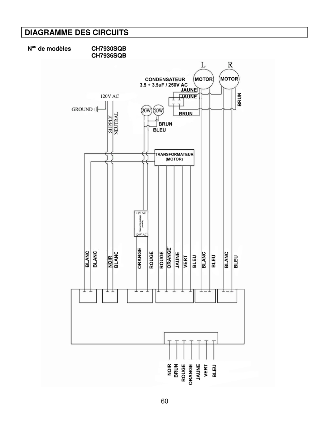 Kobe Range Hoods CH7948SQB, CH7936SQB, CH7942SQB, CH7930SQB installation instructions Diagramme DES Circuits 