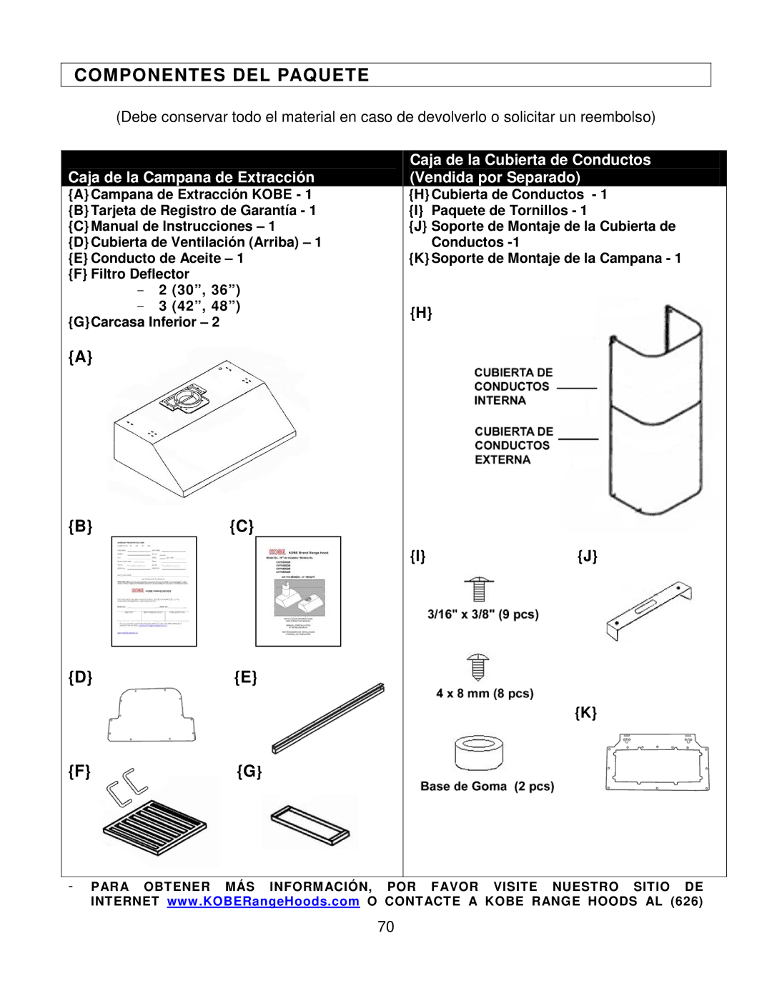 Kobe Range Hoods CH7936SQB, CH7942SQB Componentes DEL Paquete, Caja de la Campana de Extracción Vendida por Separado 