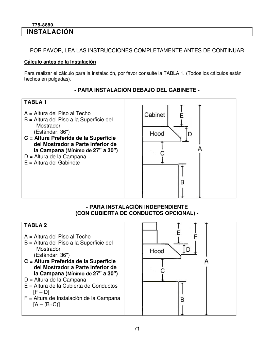 Kobe Range Hoods CH7942SQB, CH7936SQB, CH7948SQB, CH7930SQB installation instructions Cálculo antes de la Instalación 