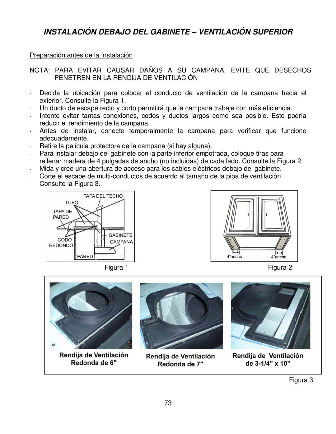 Kobe Range Hoods CH7930SQB, CH7936SQB, CH7942SQB, CH7948SQB Instalación Debajo DEL Gabinete Ventilación Superior, Figura 