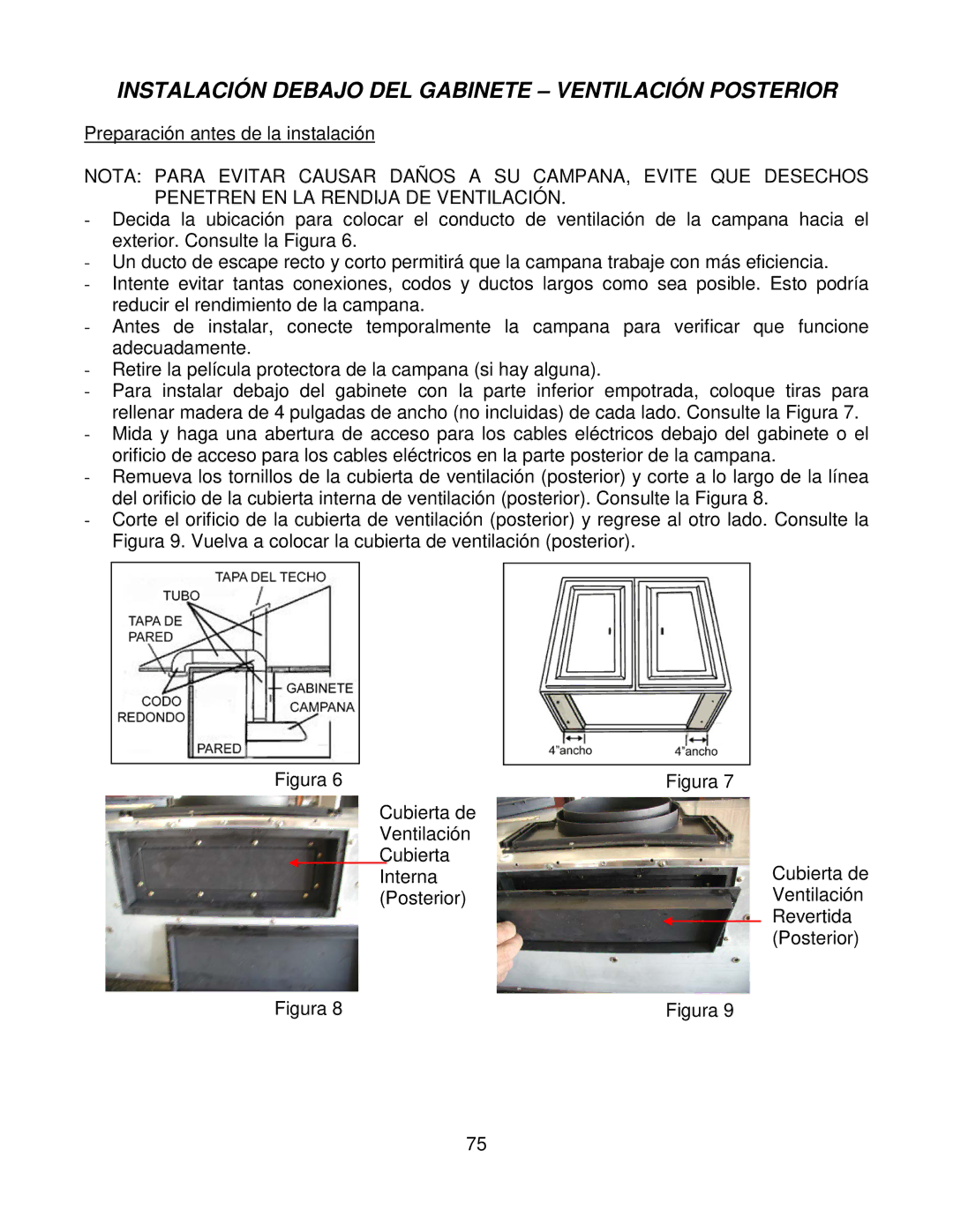 Kobe Range Hoods CH7942SQB, CH7936SQB, CH7948SQB, CH7930SQB Instalación Debajo DEL Gabinete Ventilación Posterior 