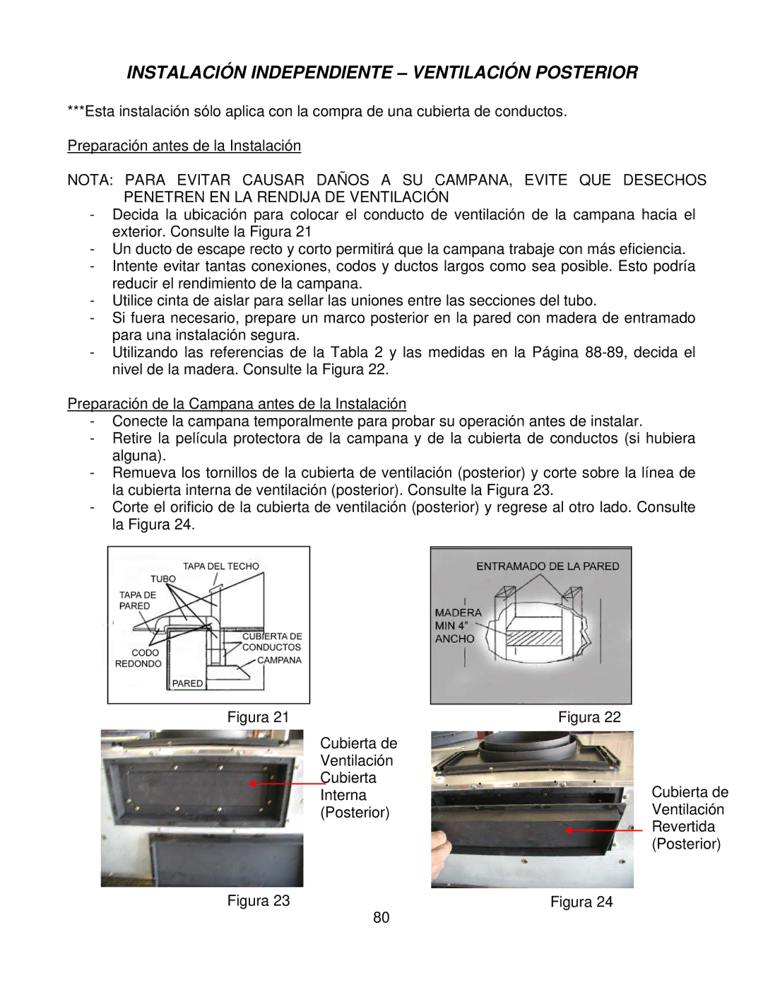 Kobe Range Hoods CH7948SQB, CH7936SQB, CH7942SQB, CH7930SQB Instalación Independiente Ventilación Posterior 