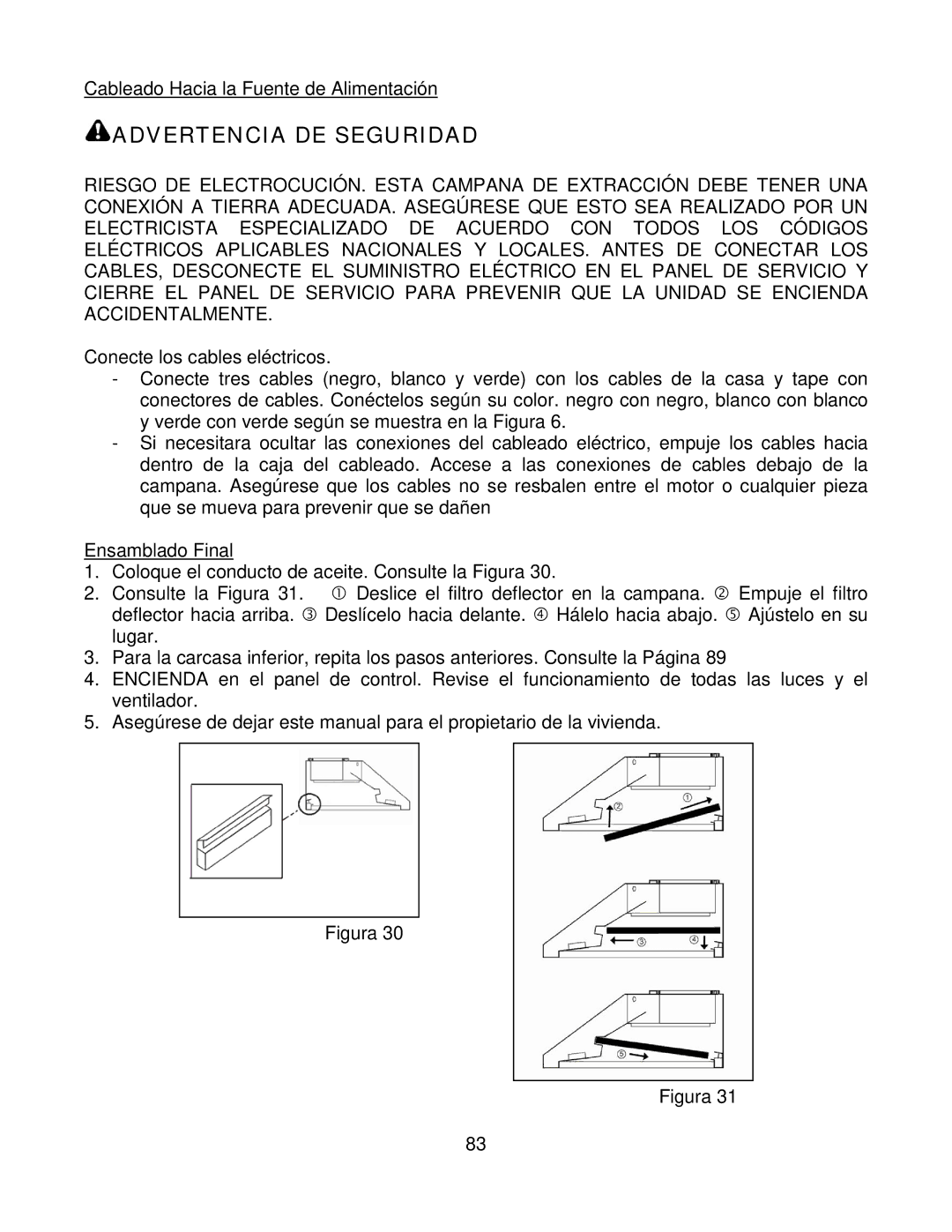 Kobe Range Hoods CH7942SQB, CH7936SQB, CH7948SQB, CH7930SQB installation instructions Cableado Hacia la Fuente de Alimentación 