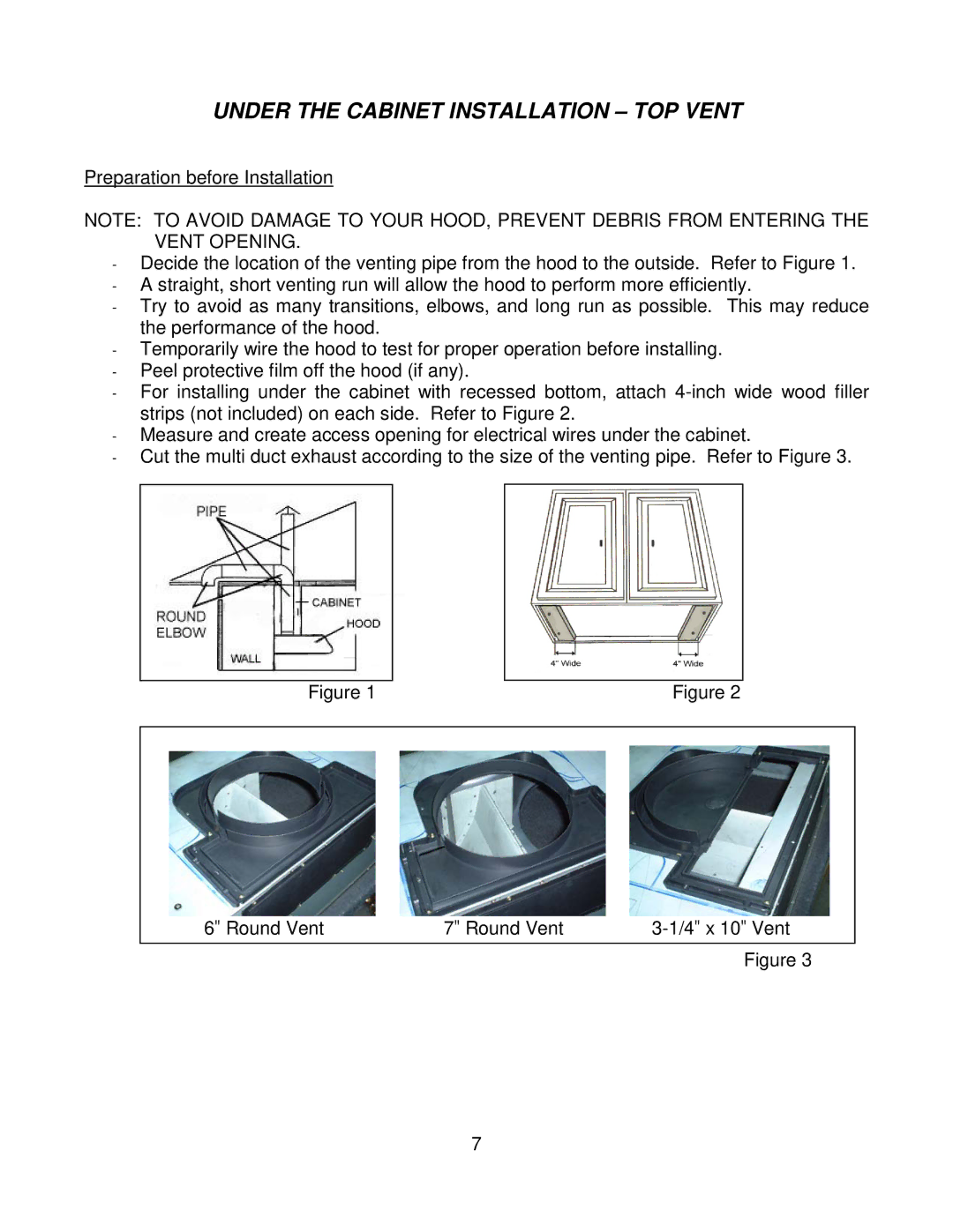 Kobe Range Hoods CH7942SQB, CH7936SQB, CH7948SQB, CH7930SQB installation instructions Under the Cabinet Installation TOP Vent 