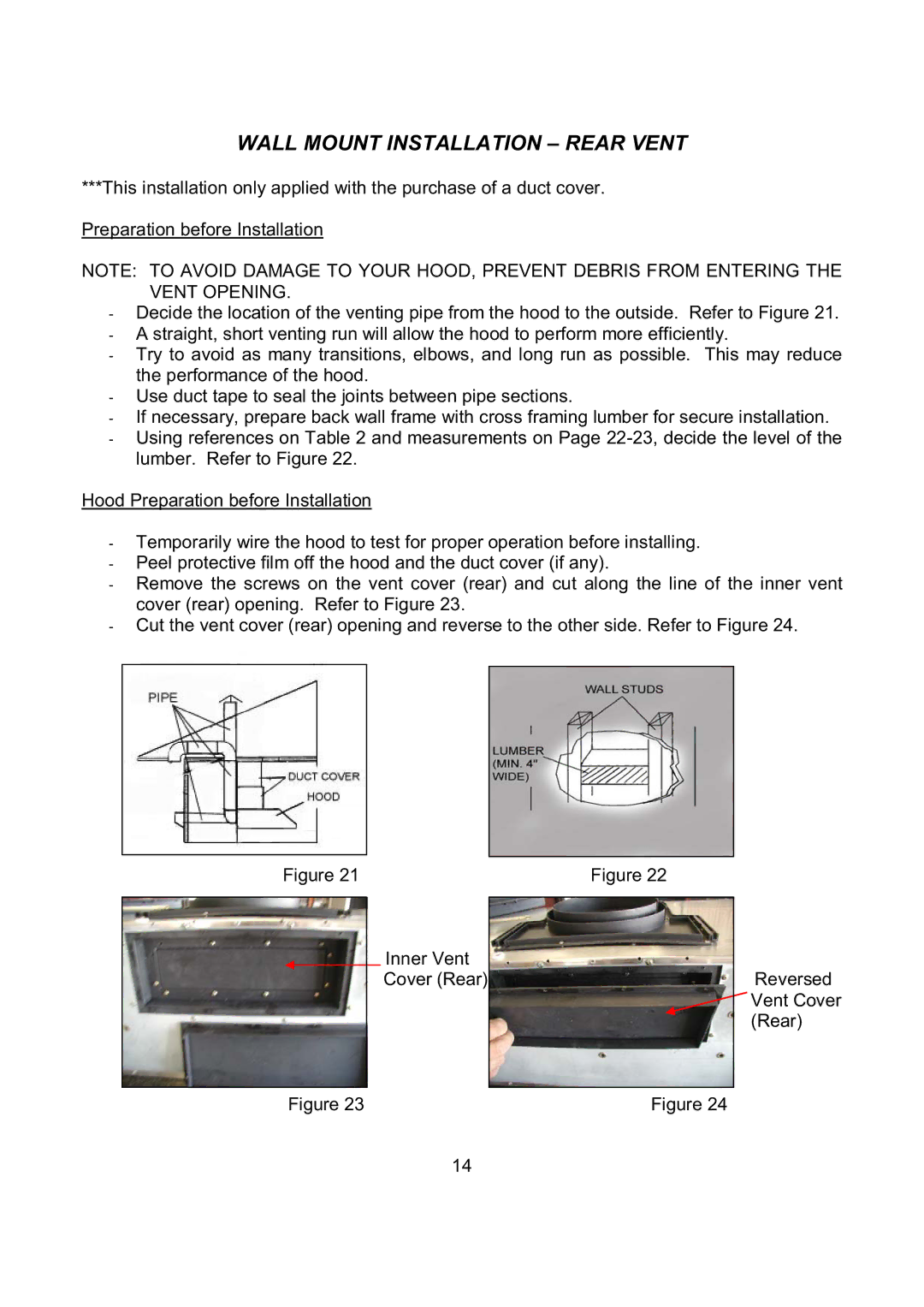 Kobe Range Hoods CH7936SQB, CH7942SQB, CH7948SQB, CH7930SQB installation instructions Wall Mount Installation Rear Vent 