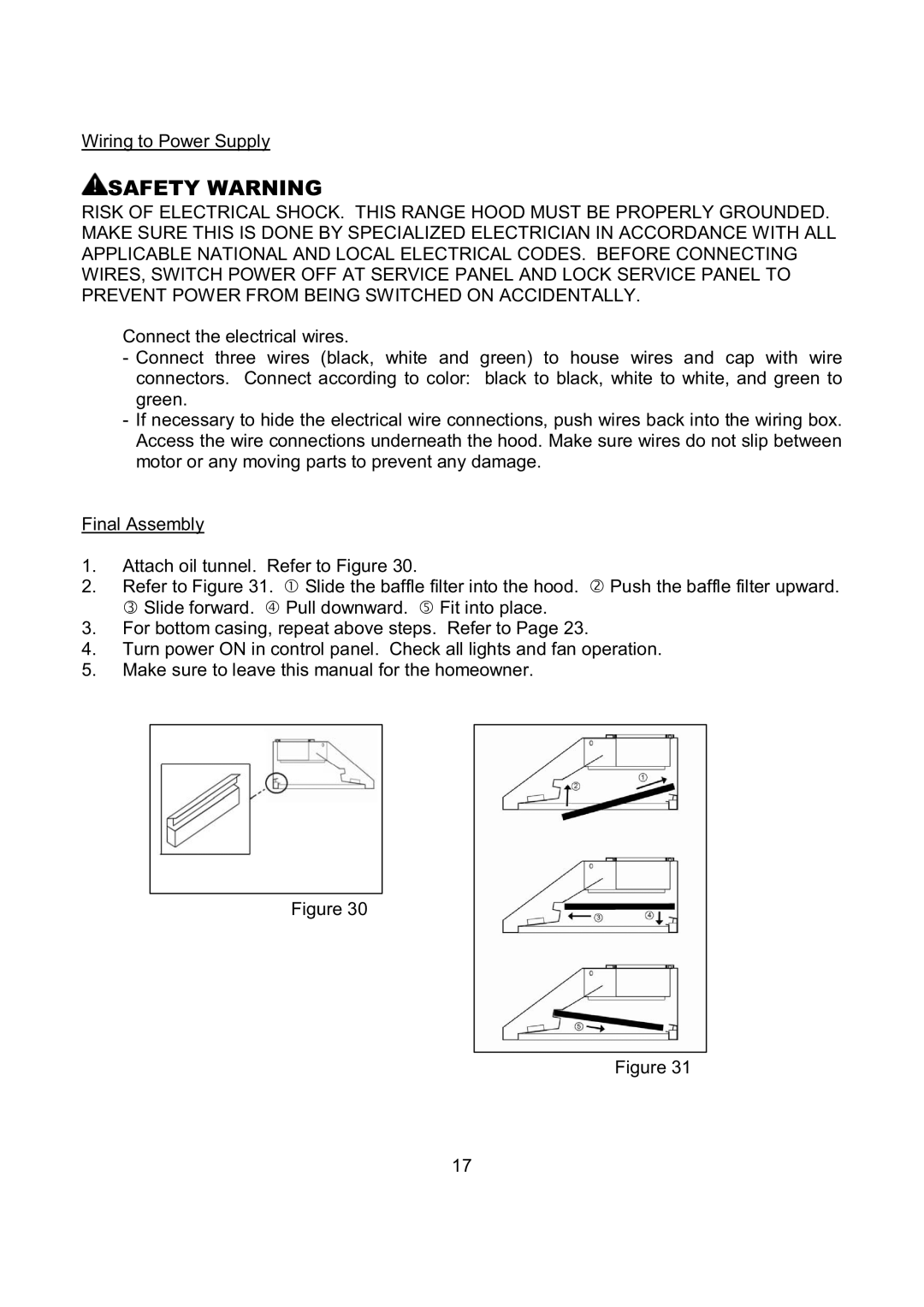 Kobe Range Hoods CH7930SQB, CH7936SQB, CH7942SQB, CH7948SQB installation instructions Wiring to Power Supply 