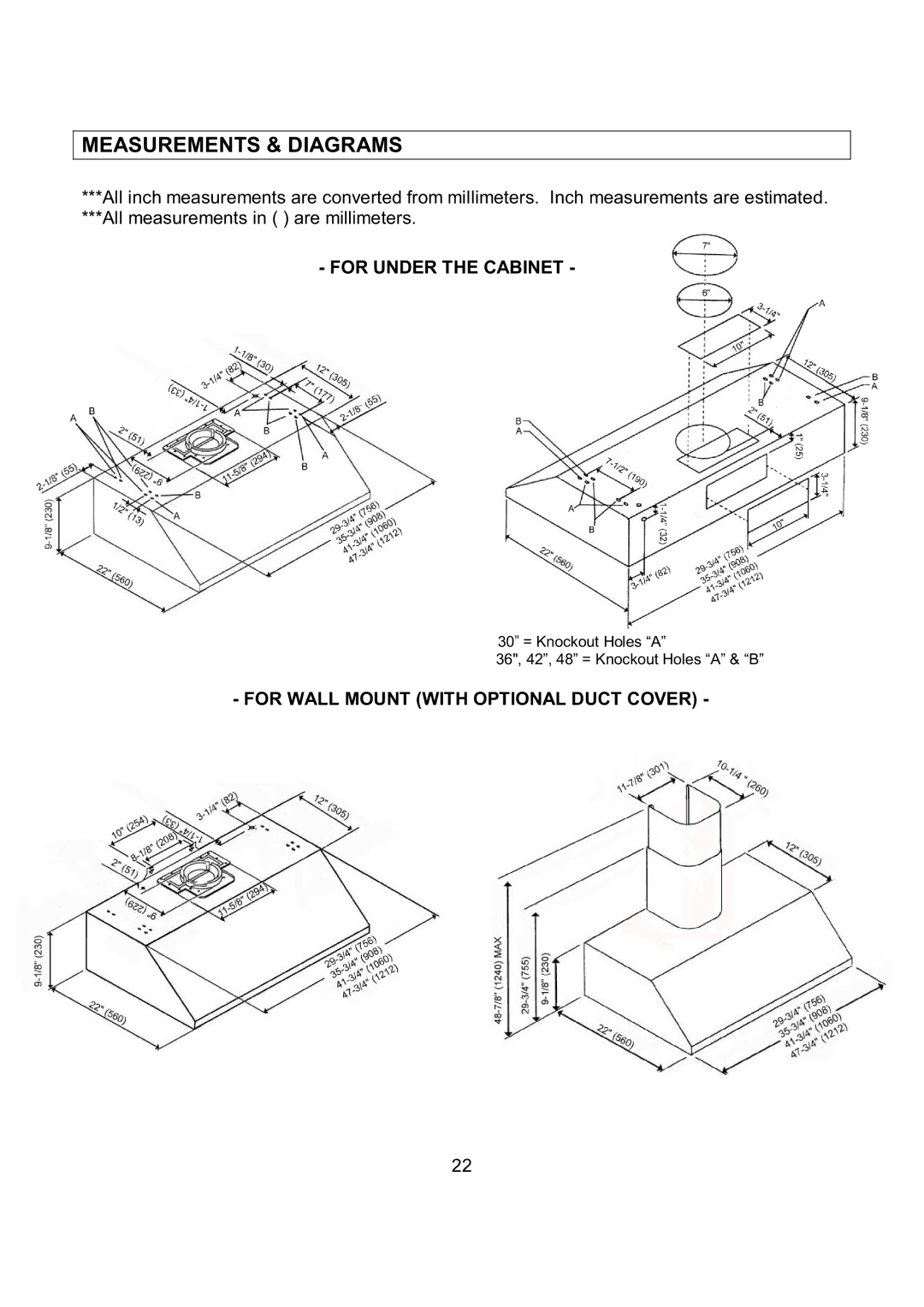 Kobe Range Hoods CH7936SQB, CH7942SQB, CH7948SQB, CH7930SQB installation instructions Measurements & Diagrams 