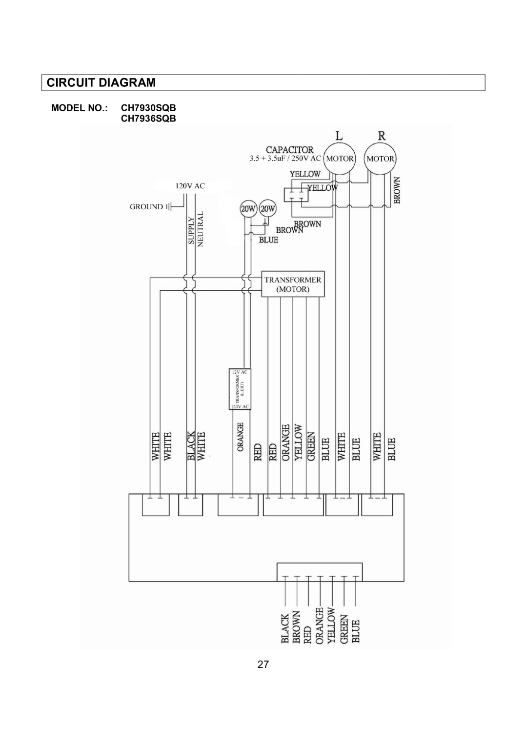 Kobe Range Hoods CH7942SQB, CH7936SQB, CH7948SQB, CH7930SQB installation instructions Circuit Diagram 