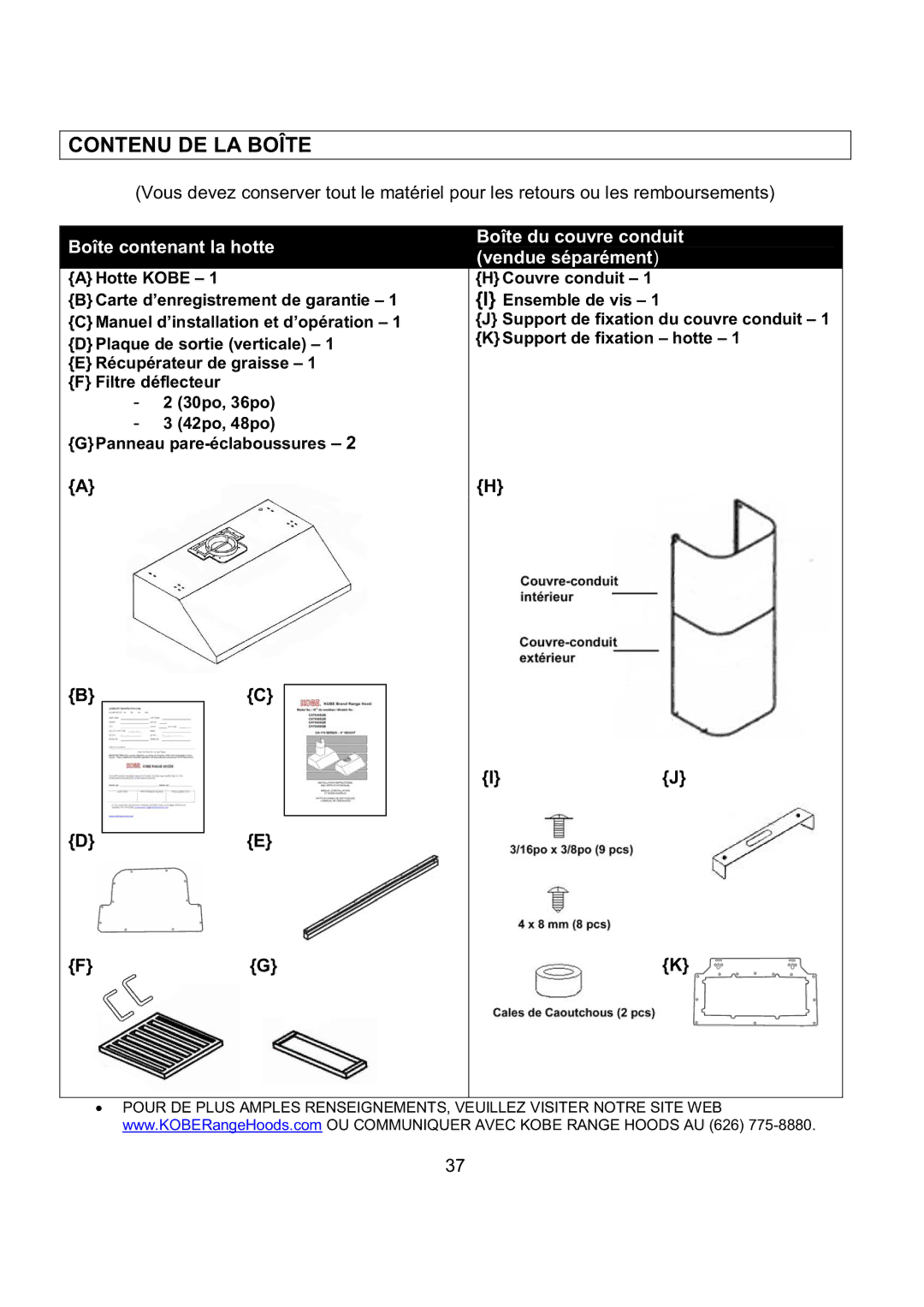 Kobe Range Hoods CH7930SQB, CH7936SQB, CH7942SQB, CH7948SQB installation instructions Contenu DE LA Boîte 