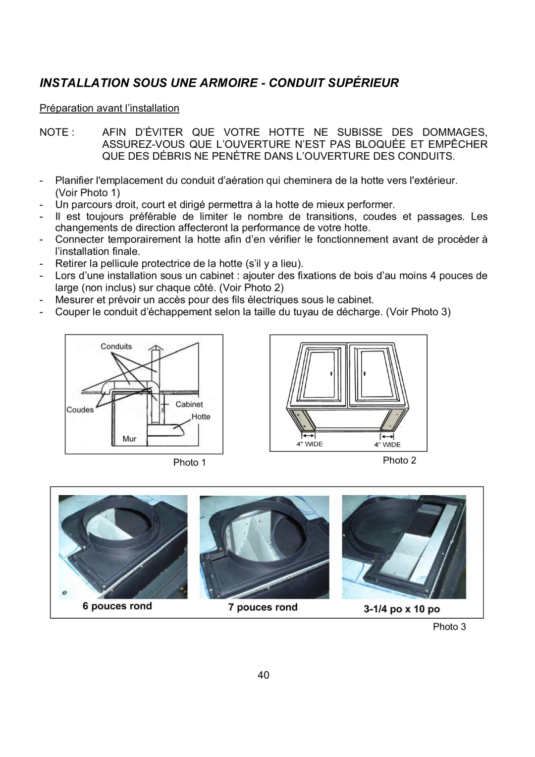 Kobe Range Hoods CH7948SQB, CH7936SQB, CH7942SQB, CH7930SQB Installation Sous UNE Armoire Conduit Supérieur 