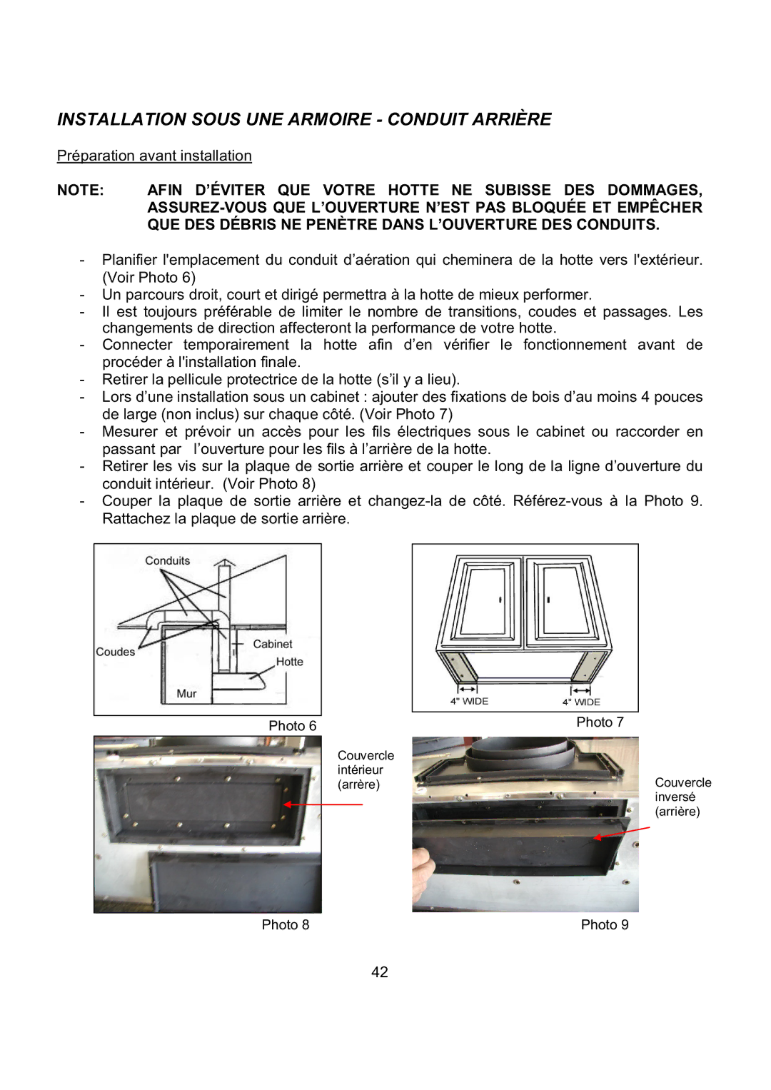 Kobe Range Hoods CH7936SQB, CH7942SQB, CH7948SQB, CH7930SQB Installation Sous UNE Armoire Conduit Arrière 