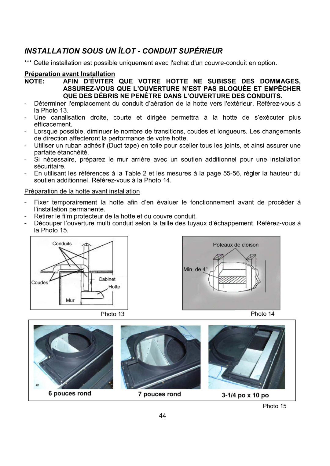 Kobe Range Hoods CH7948SQB, CH7936SQB Installation Sous UN Îlot Conduit Supérieur, Préparation avant Installation 