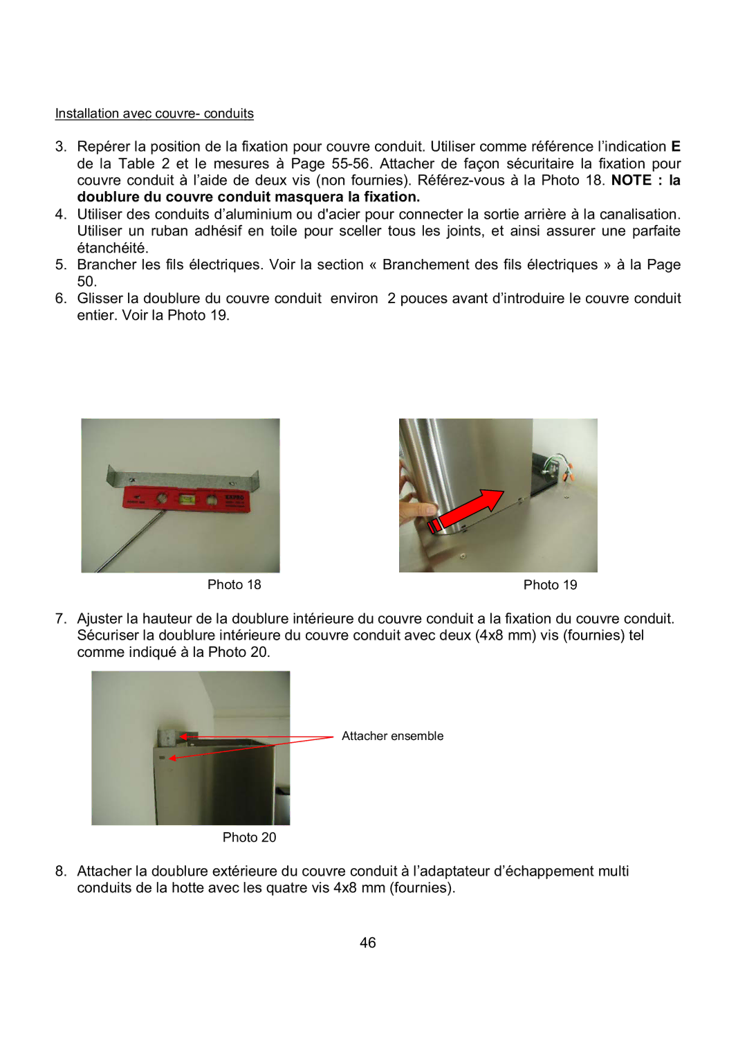 Kobe Range Hoods CH7936SQB, CH7942SQB, CH7948SQB, CH7930SQB installation instructions Installation avec couvre- conduits 