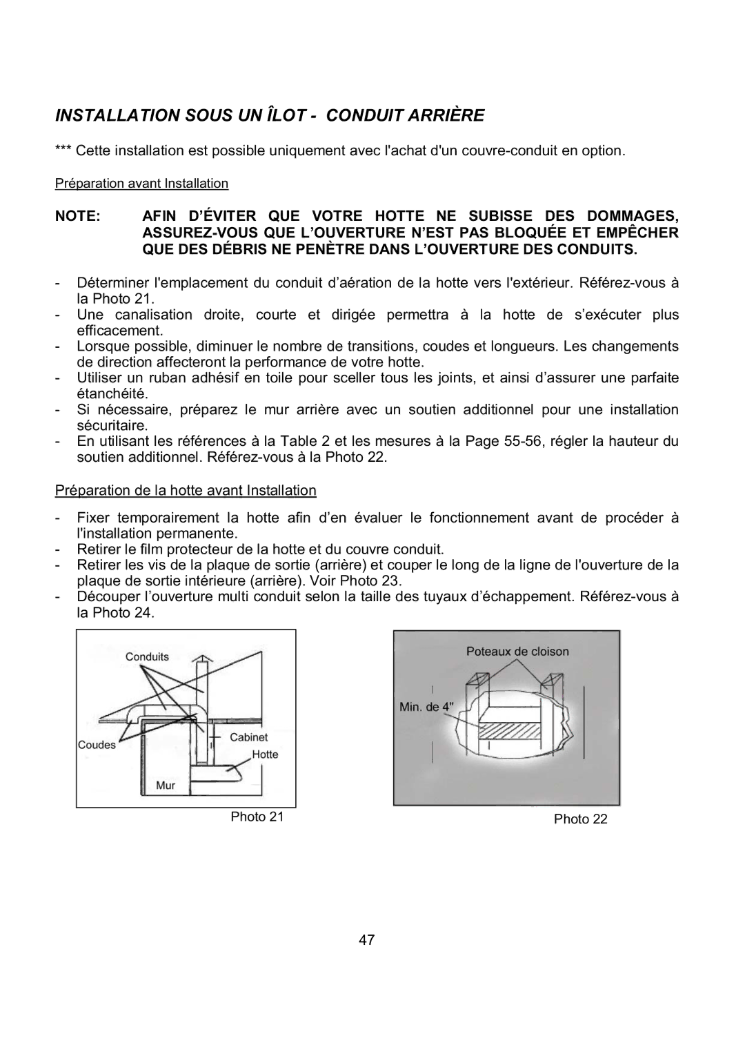 Kobe Range Hoods CH7942SQB, CH7936SQB, CH7948SQB, CH7930SQB Installation Sous UN Îlot Conduit Arrière 