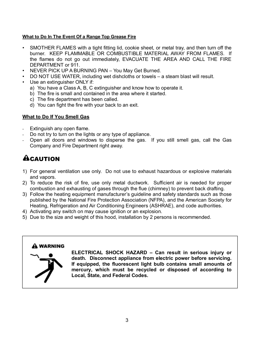 Kobe Range Hoods CH7942SQB, CH7936SQB, CH7948SQB, CH7930SQB installation instructions What to Do If You Smell Gas 