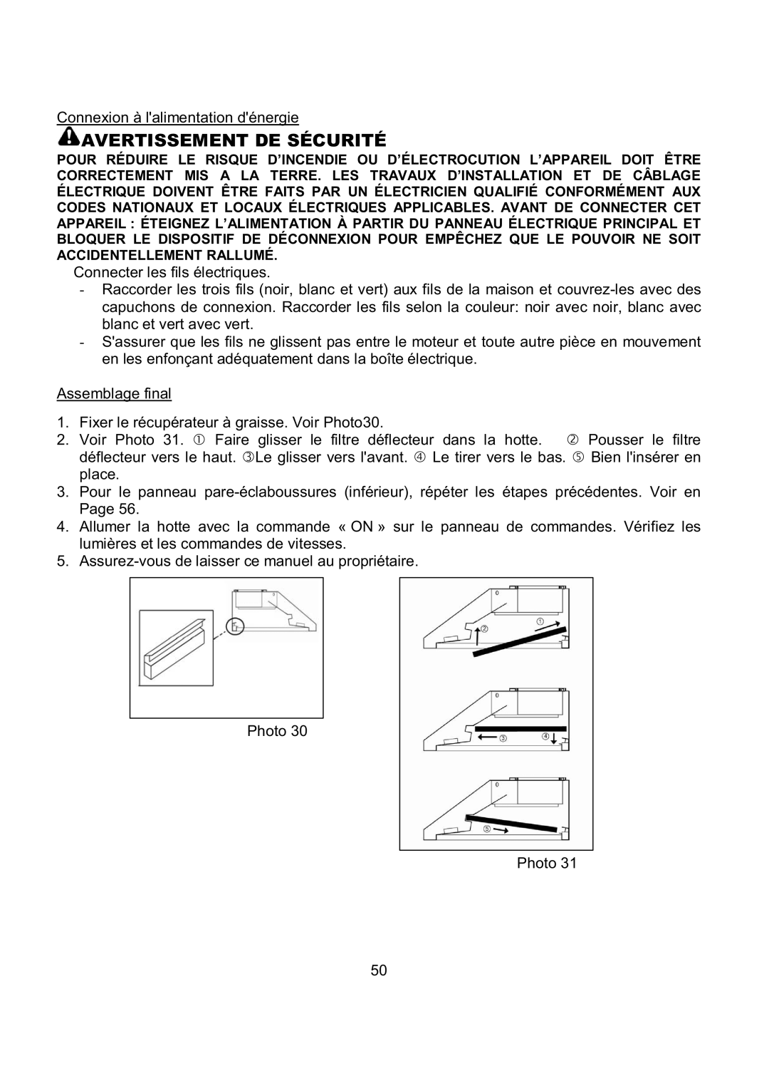 Kobe Range Hoods CH7936SQB, CH7942SQB, CH7948SQB, CH7930SQB installation instructions Avertissement DE Sécurité 