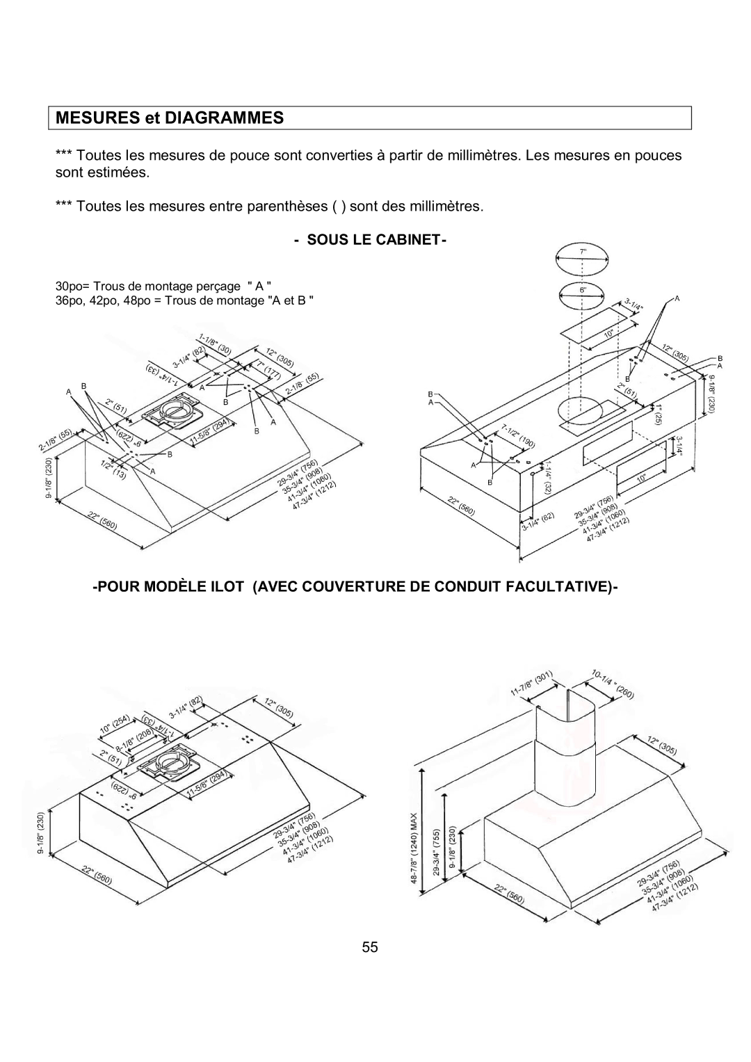 Kobe Range Hoods CH7942SQB, CH7936SQB, CH7948SQB, CH7930SQB installation instructions Mesures et Diagrammes 