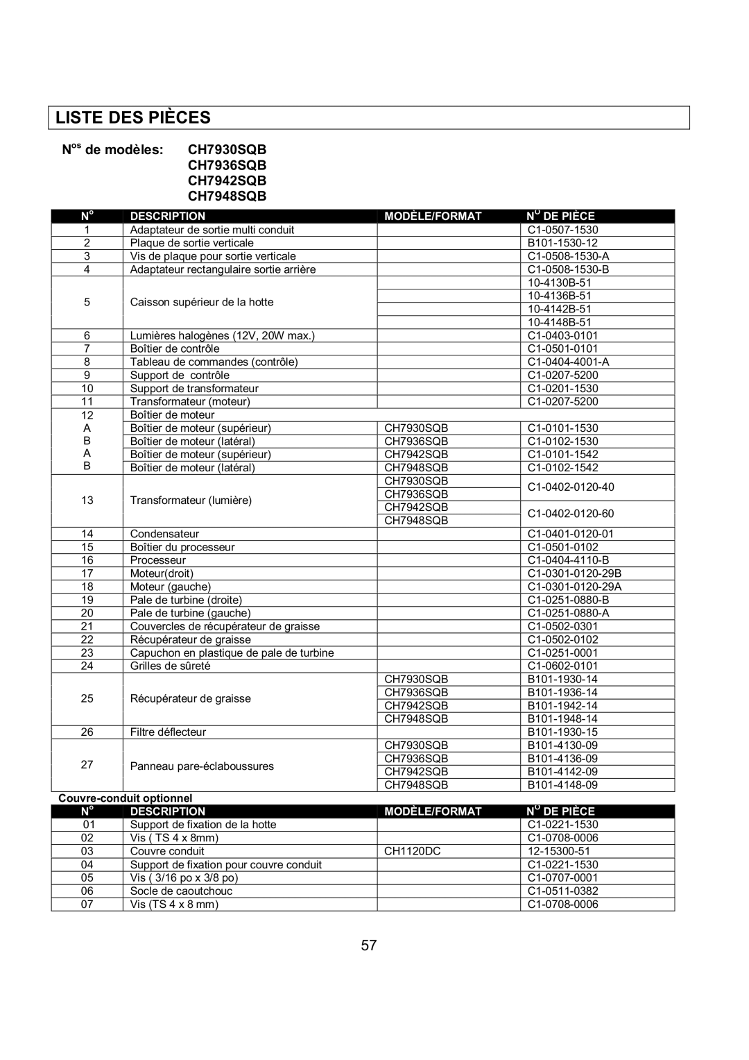 Kobe Range Hoods CH7930SQB installation instructions Liste DES Pièces, CH7936SQB CH7942SQB CH7948SQB 