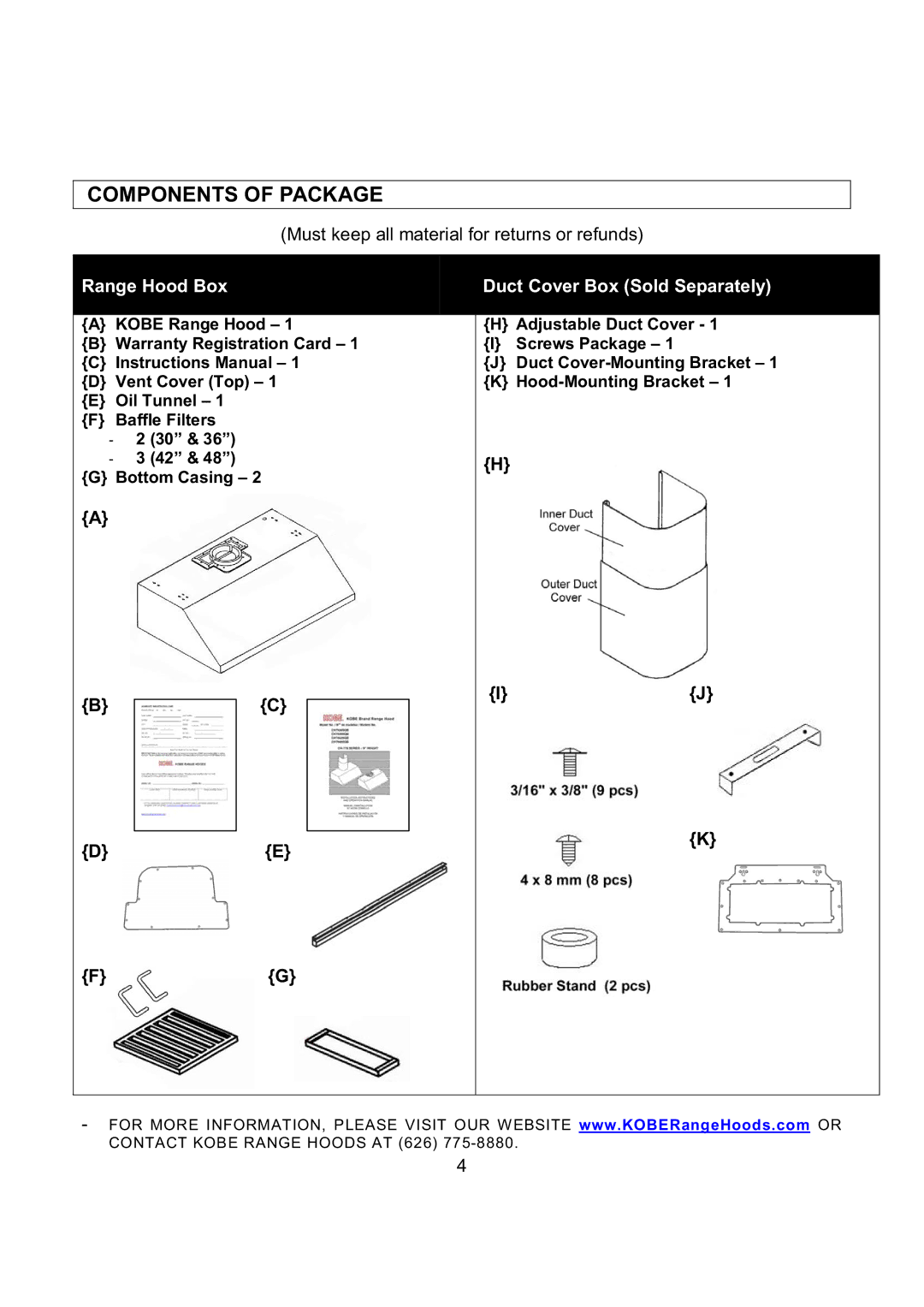 Kobe Range Hoods CH7948SQB, CH7936SQB, CH7942SQB Components of Package, Range Hood Box Duct Cover Box Sold Separately 