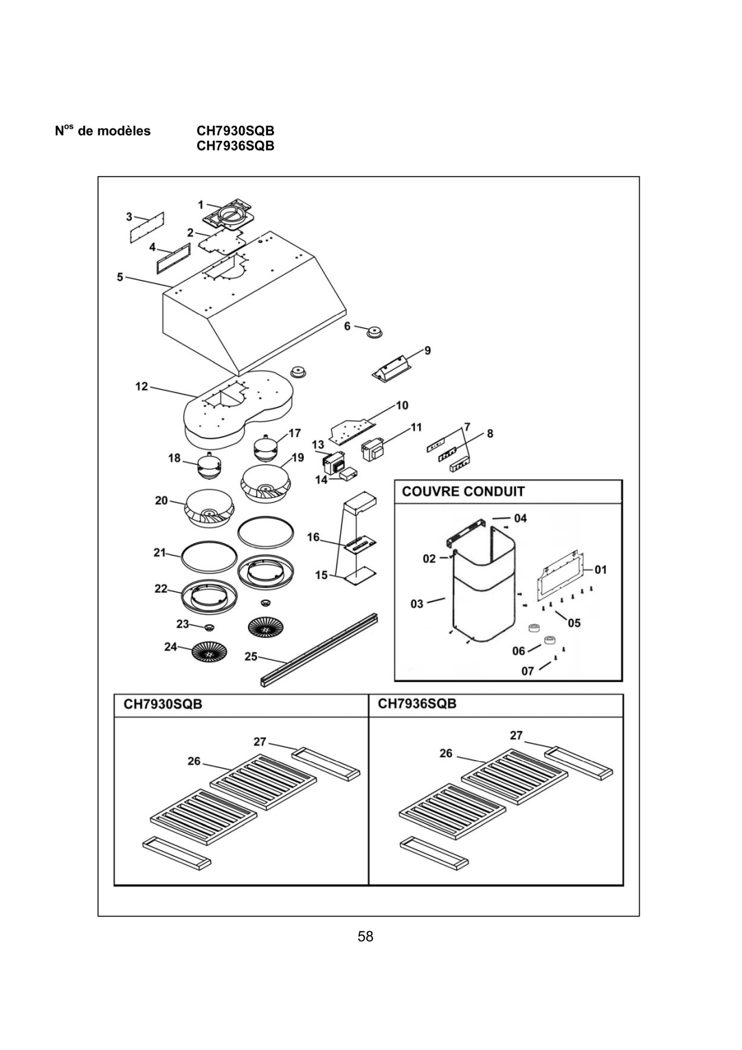 Kobe Range Hoods CH7936SQB, CH7942SQB, CH7948SQB, CH7930SQB installation instructions Nos de modèles 