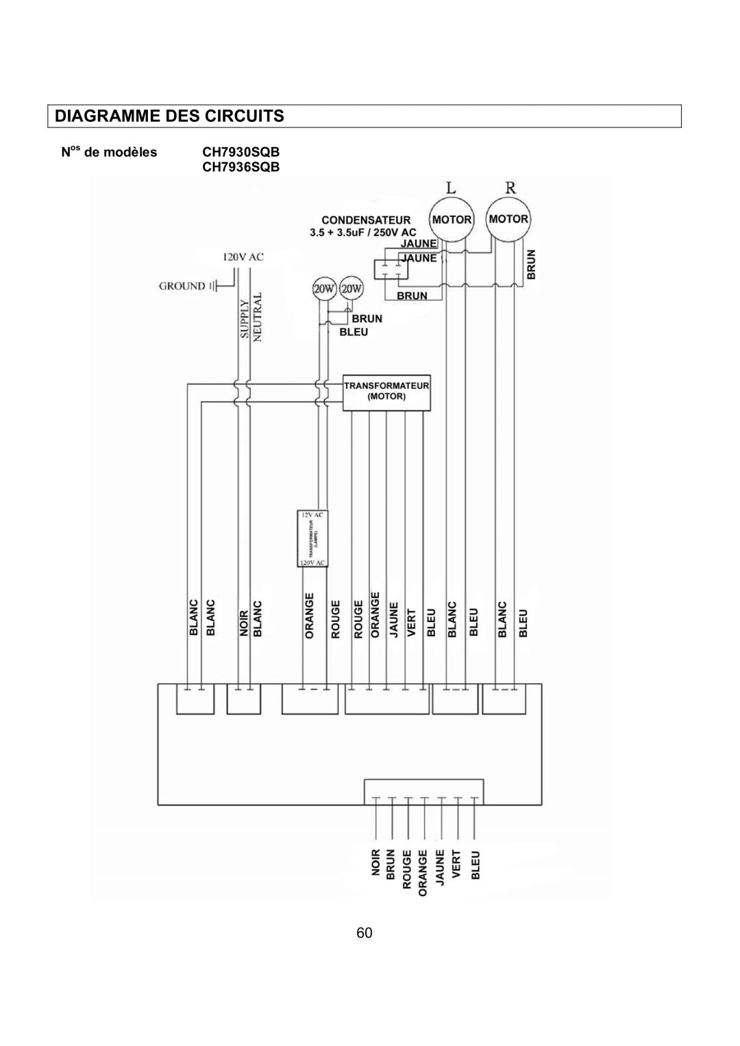 Kobe Range Hoods CH7948SQB, CH7936SQB, CH7942SQB, CH7930SQB installation instructions Diagramme DES Circuits 