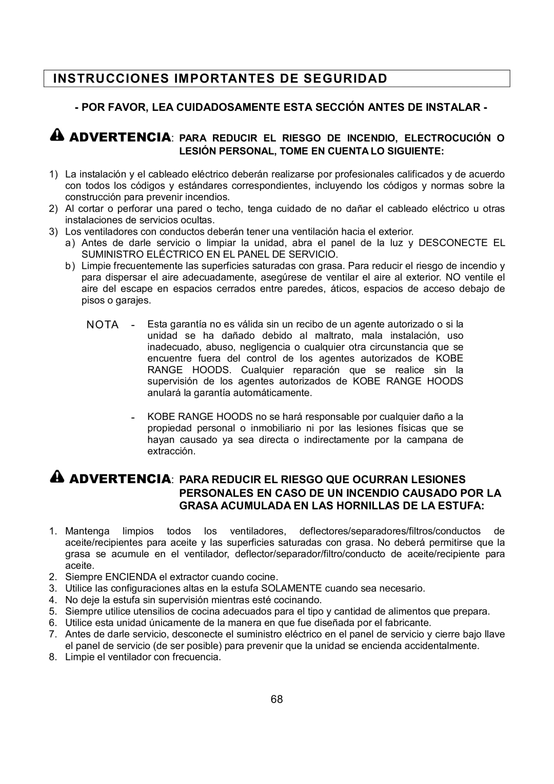 Kobe Range Hoods CH7948SQB Instrucciones Importantes DE Seguridad, Advertencia Para Reducir EL Riesgo QUE Ocurran Lesiones 