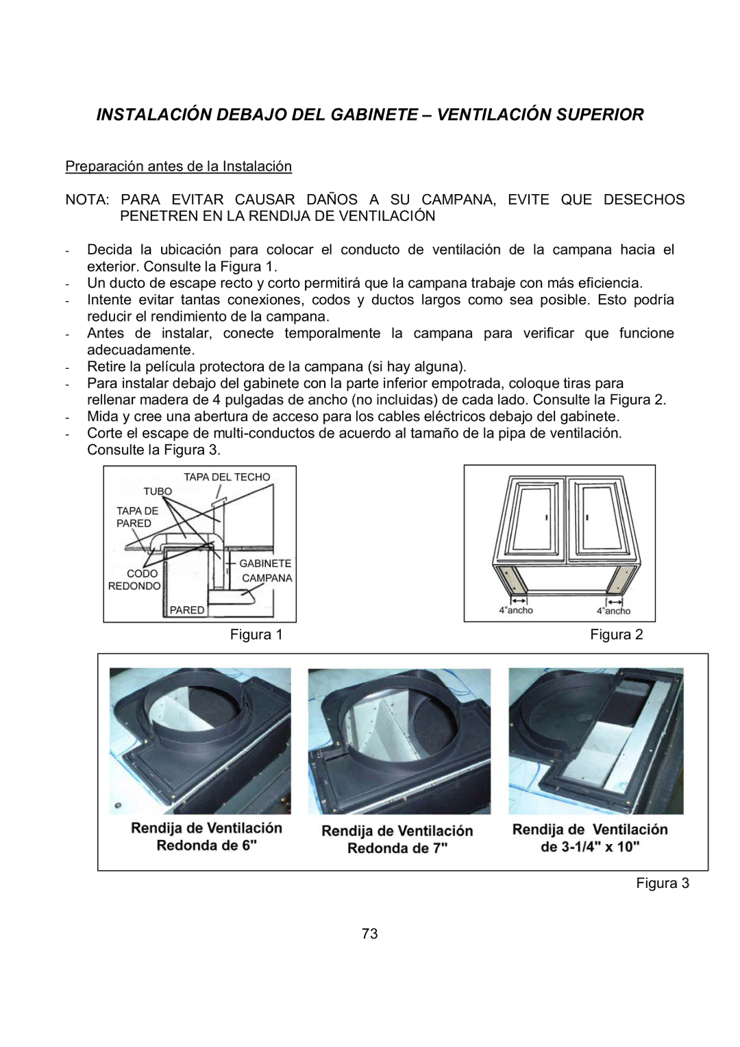 Kobe Range Hoods CH7930SQB, CH7936SQB, CH7942SQB, CH7948SQB Instalación Debajo DEL Gabinete Ventilación Superior, Figura 