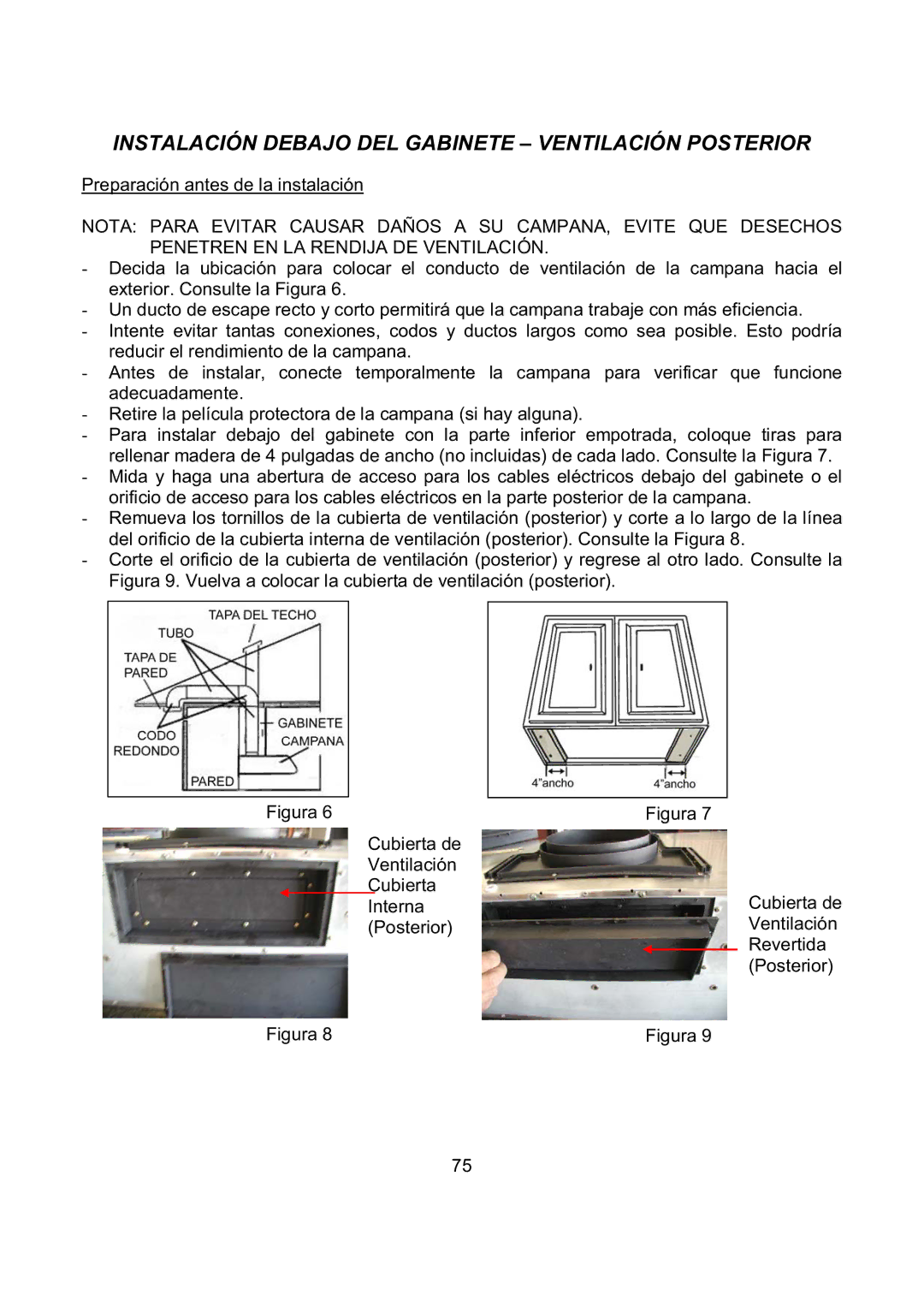 Kobe Range Hoods CH7942SQB, CH7936SQB, CH7948SQB, CH7930SQB Instalación Debajo DEL Gabinete Ventilación Posterior 