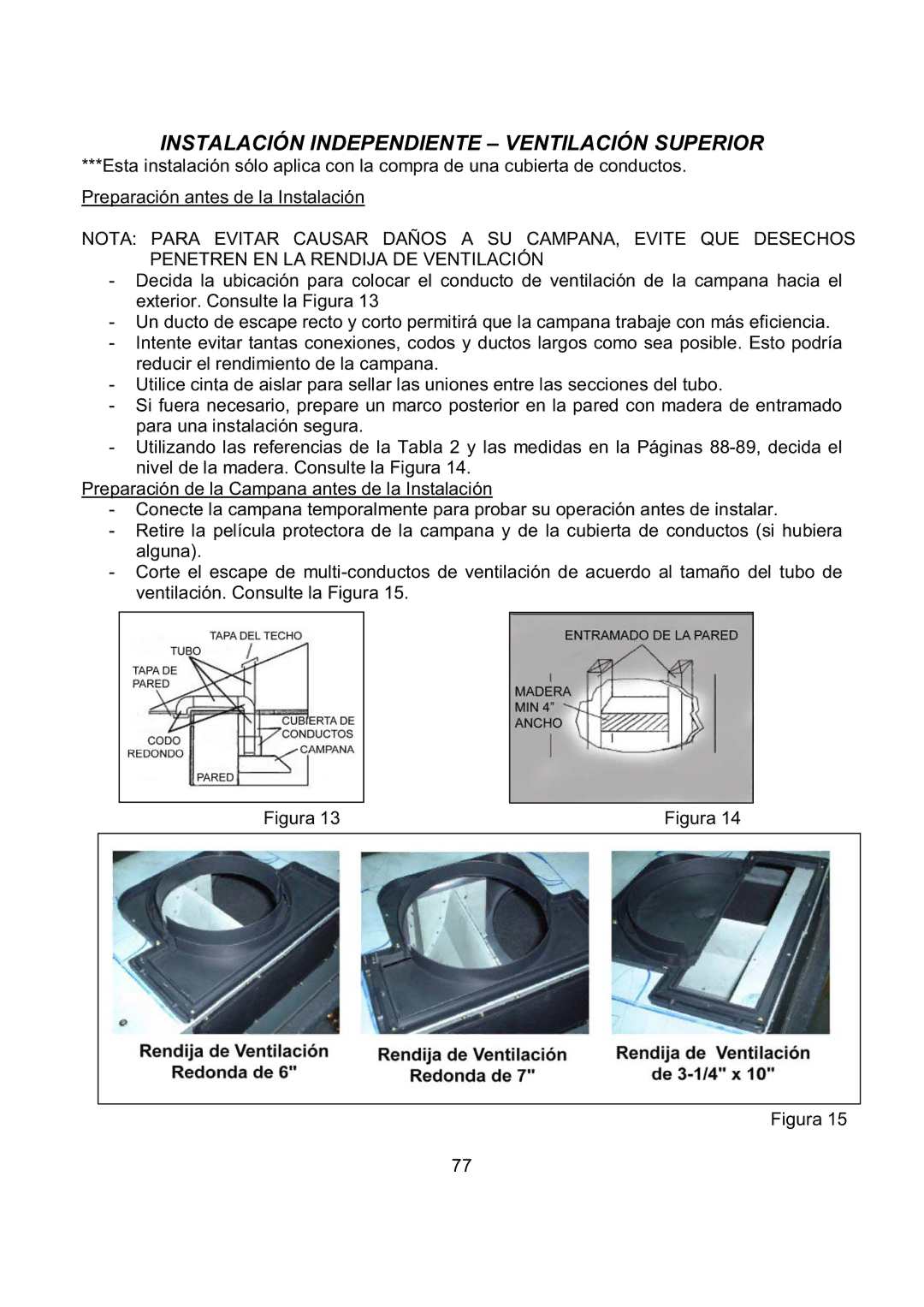 Kobe Range Hoods CH7930SQB, CH7936SQB, CH7942SQB, CH7948SQB Instalación Independiente Ventilación Superior 